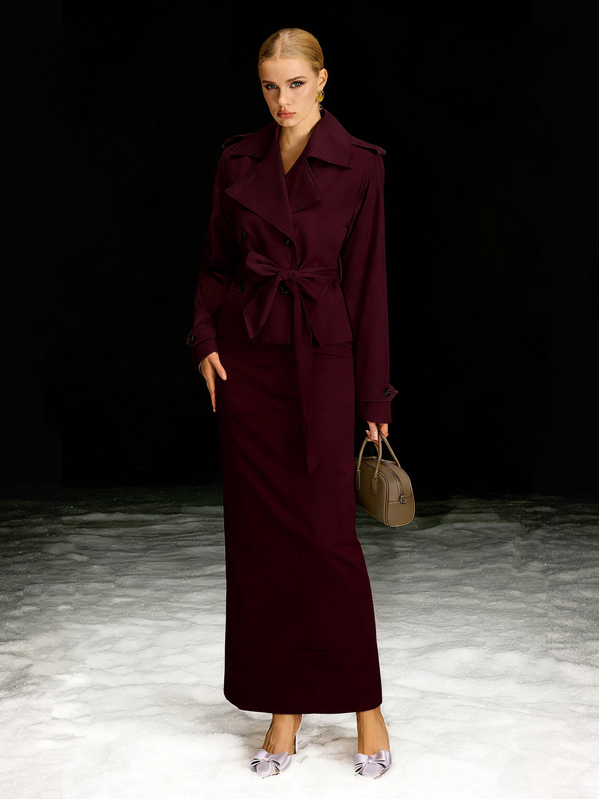 Barny Trench Coat Skirt Set In Wine