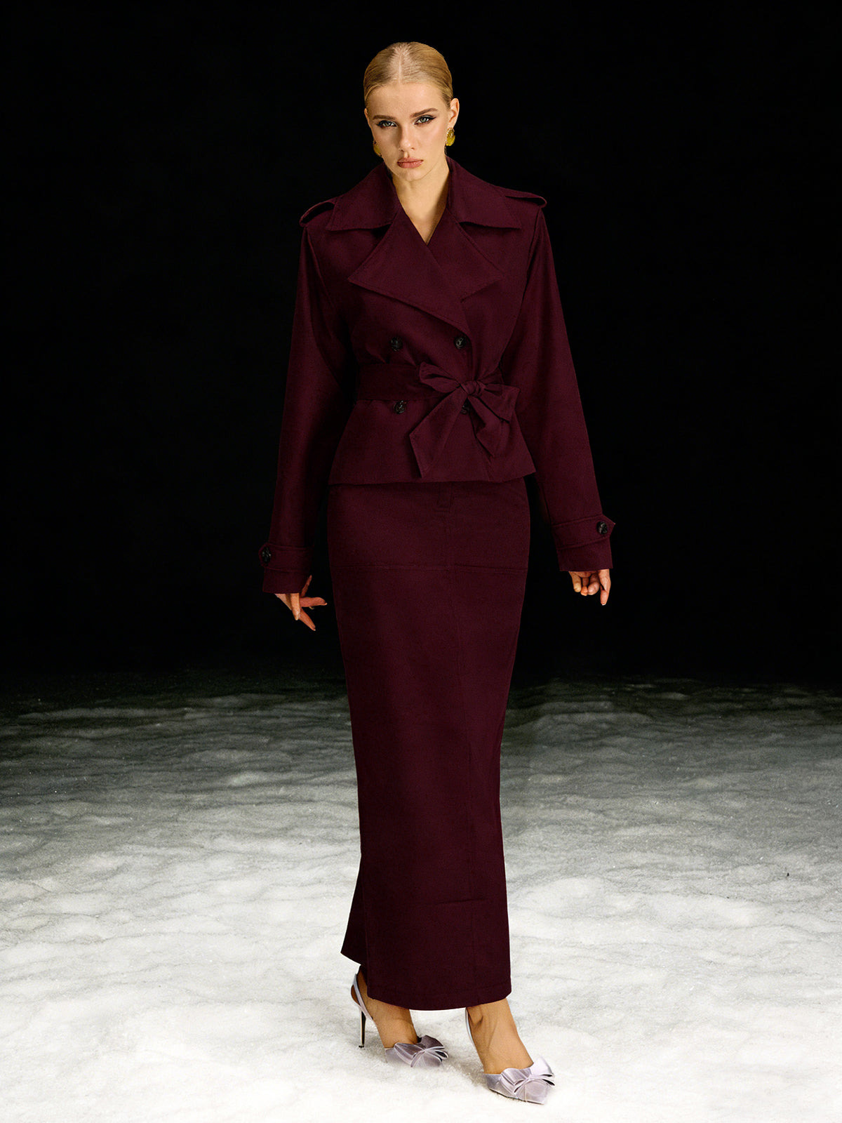 Barny Trench Coat Skirt Set In Wine