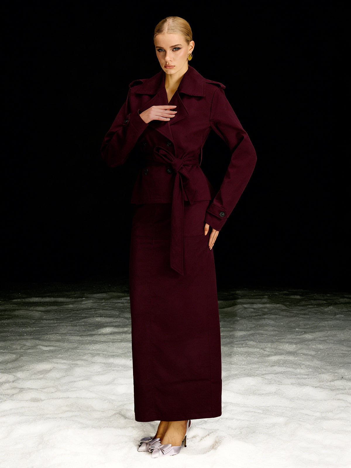 Barny Trench Coat Skirt Set In Wine