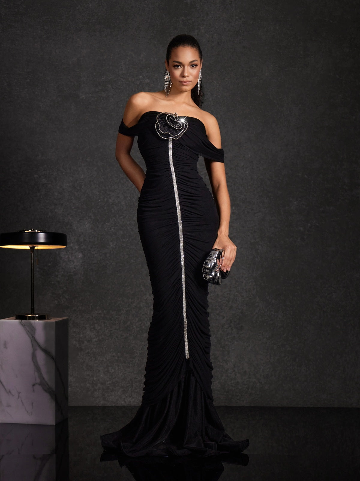 Basile Off Shoulder Flower Ruched Maxi Dress
