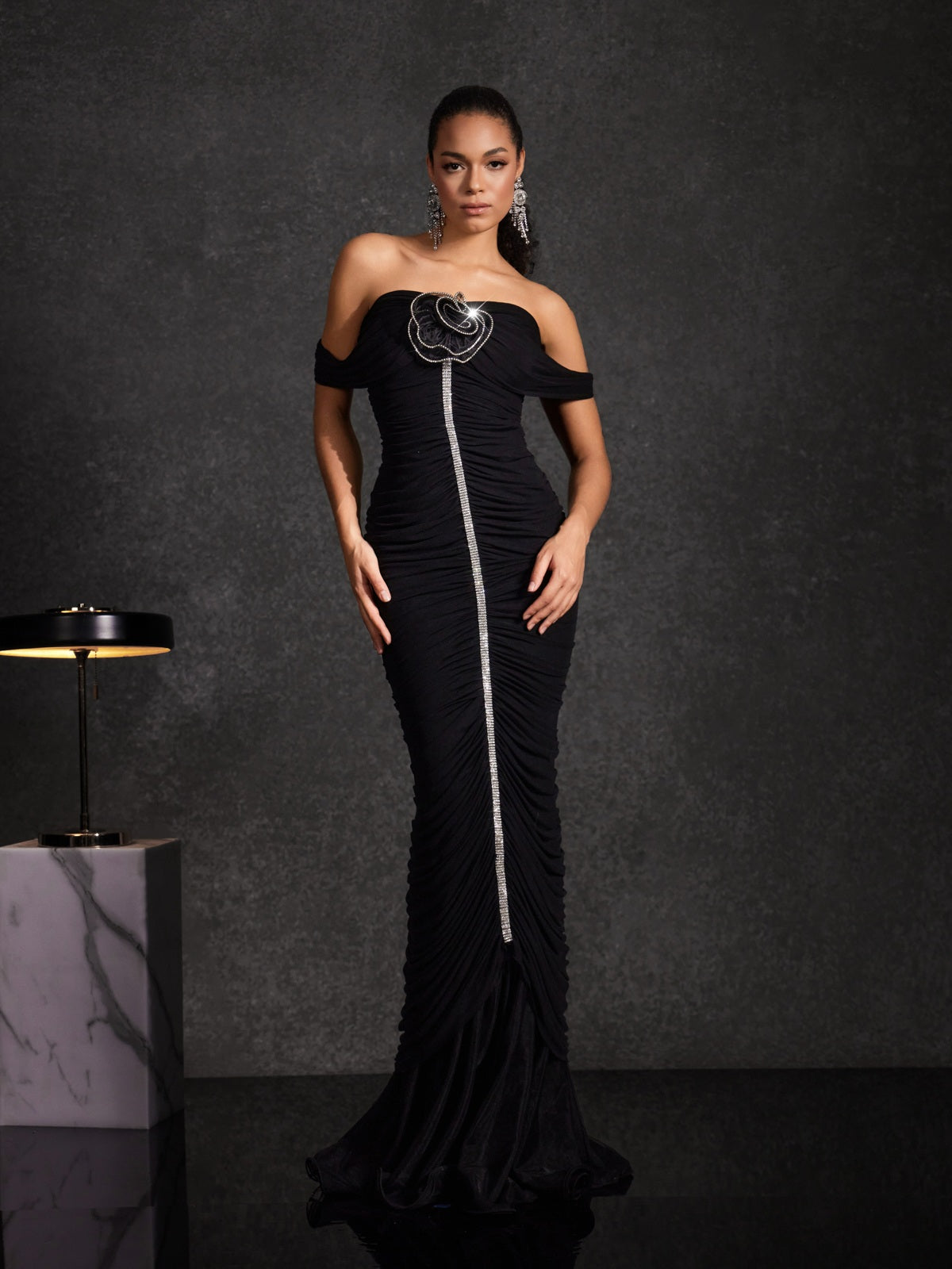 Basile Off Shoulder Flower Ruched Maxi Dress