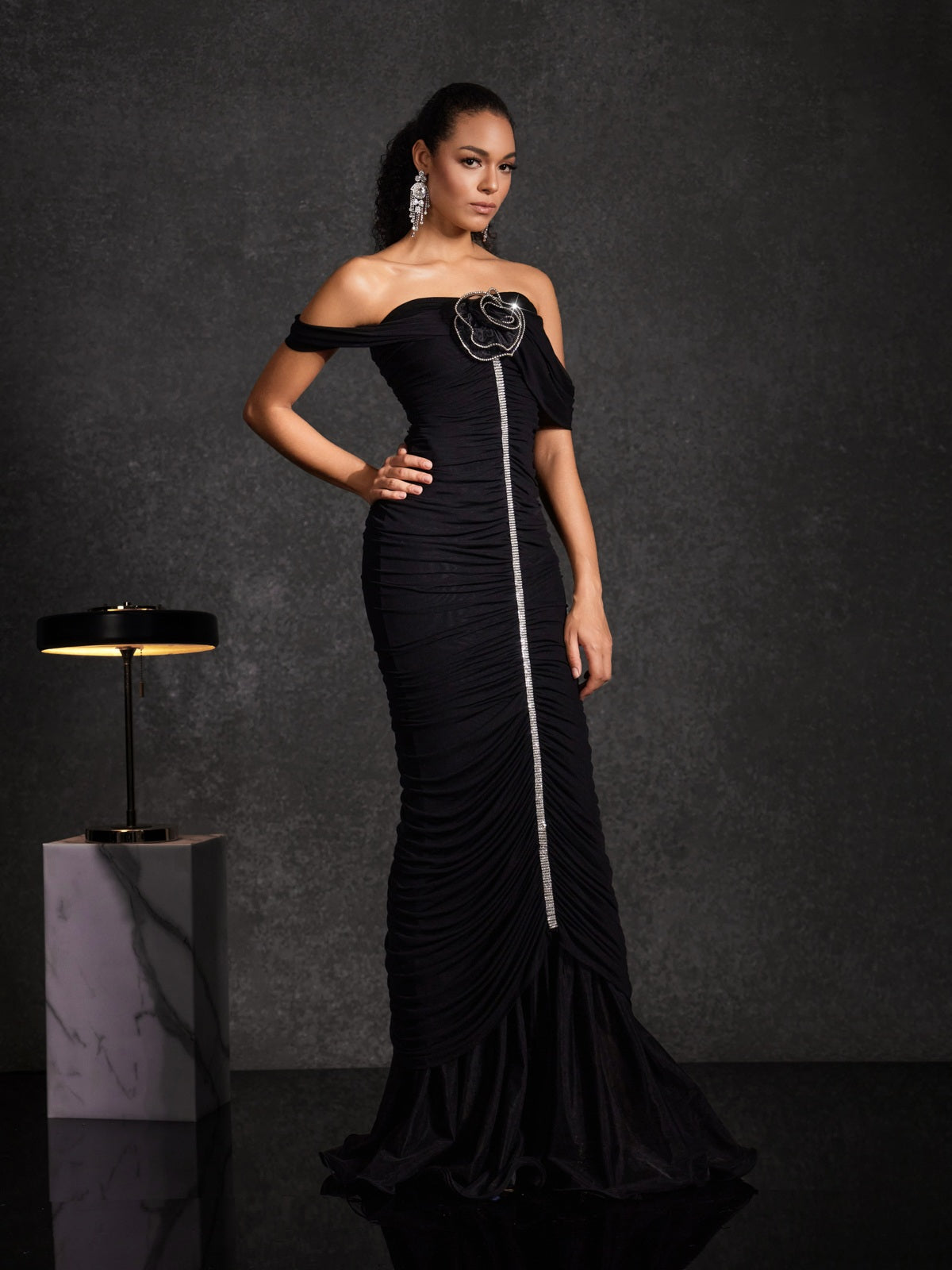 Basile Off Shoulder Flower Ruched Maxi Dress