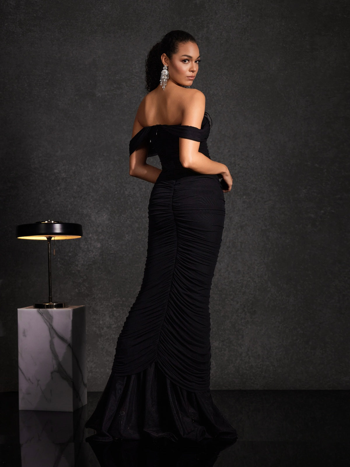 Basile Off Shoulder Flower Ruched Maxi Dress