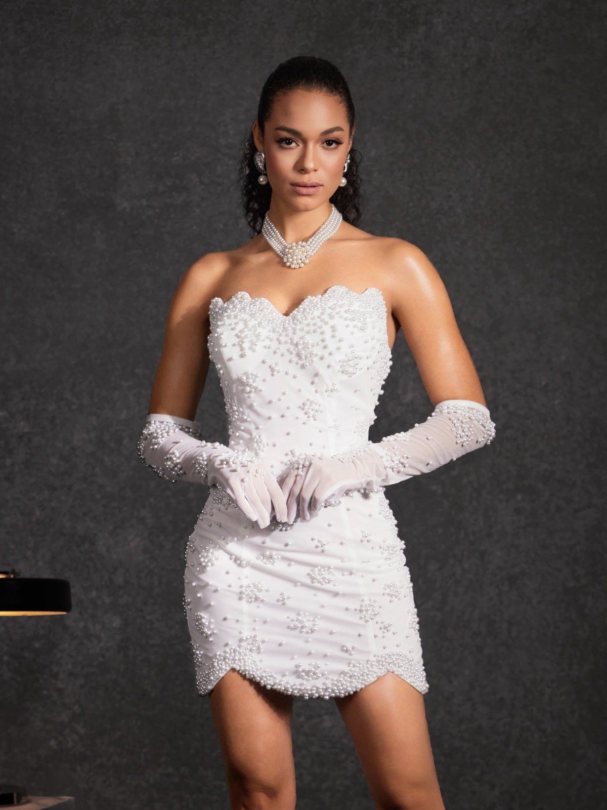 Bautista Strapless Pearl Mini Dress With Gloves