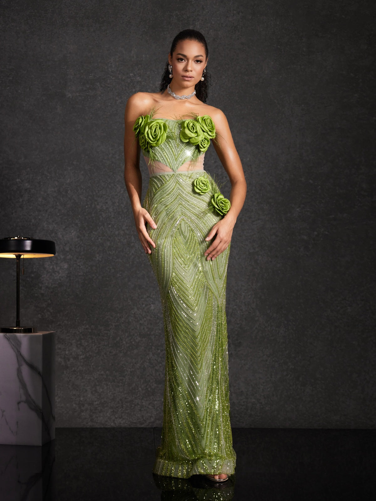 Bayram Strapless Flower Sequin Maxi Dress
