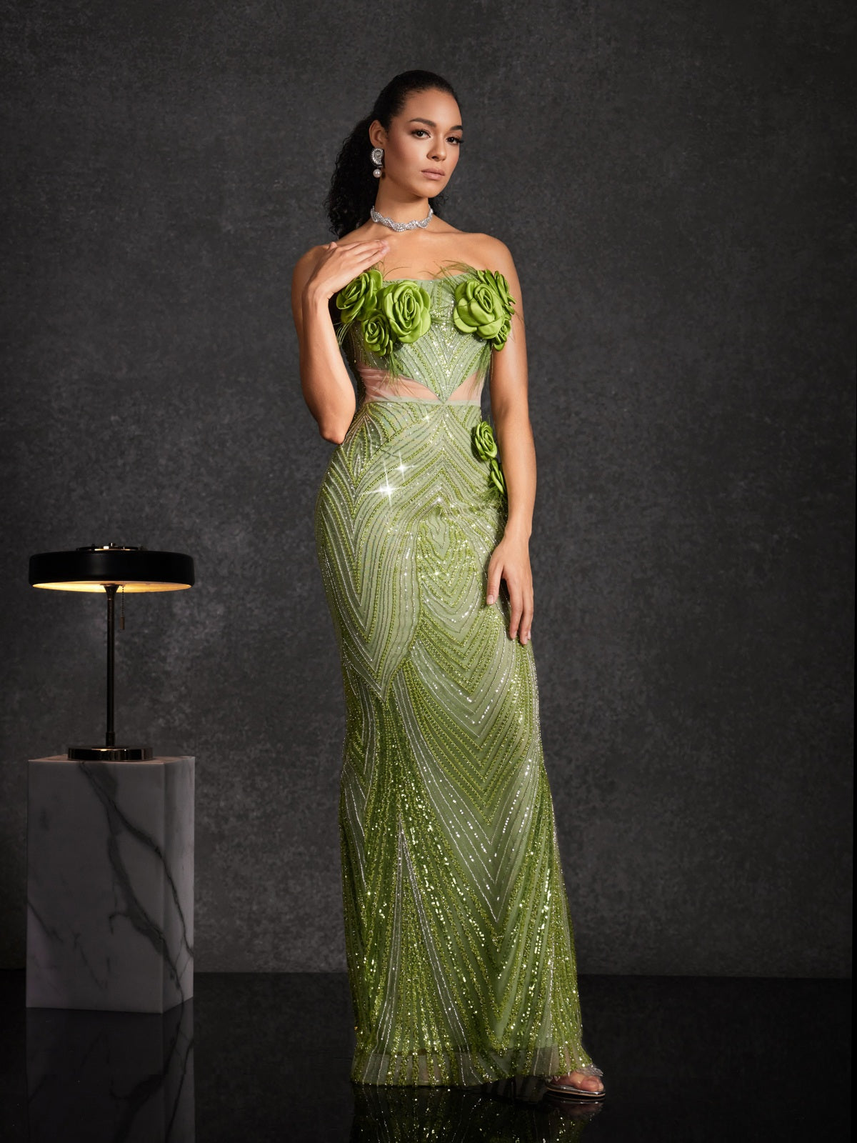 Bayram Strapless Flower Sequin Maxi Dress