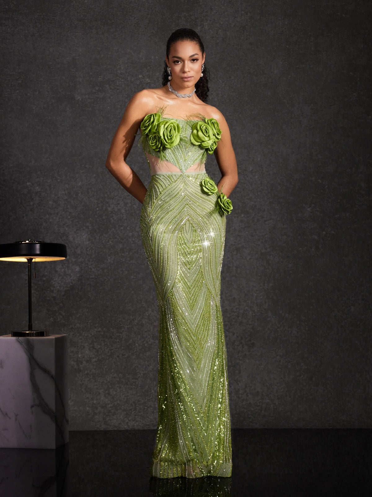 Bayram Strapless Flower Sequin Maxi Dress
