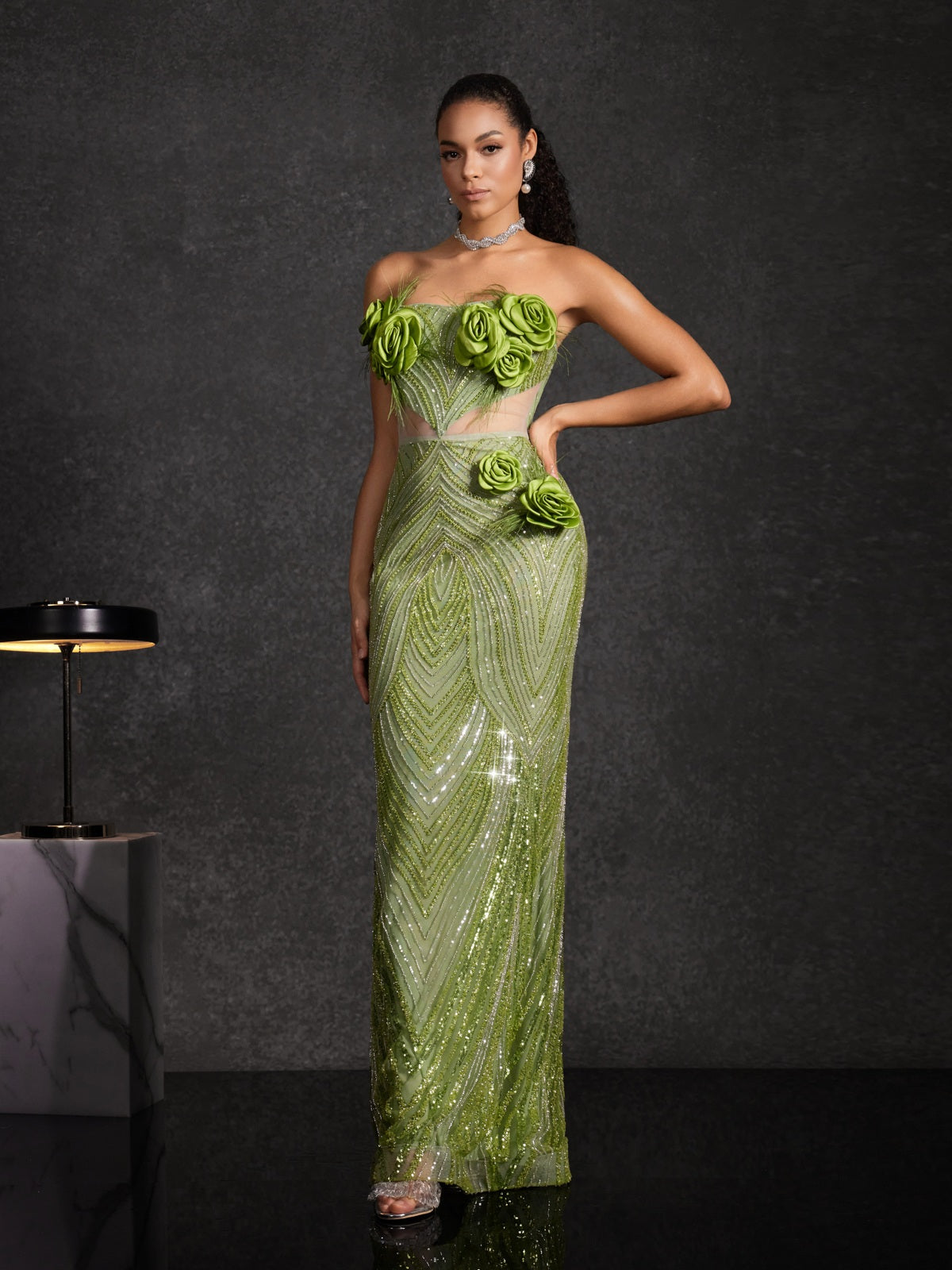 Bayram Strapless Flower Sequin Maxi Dress