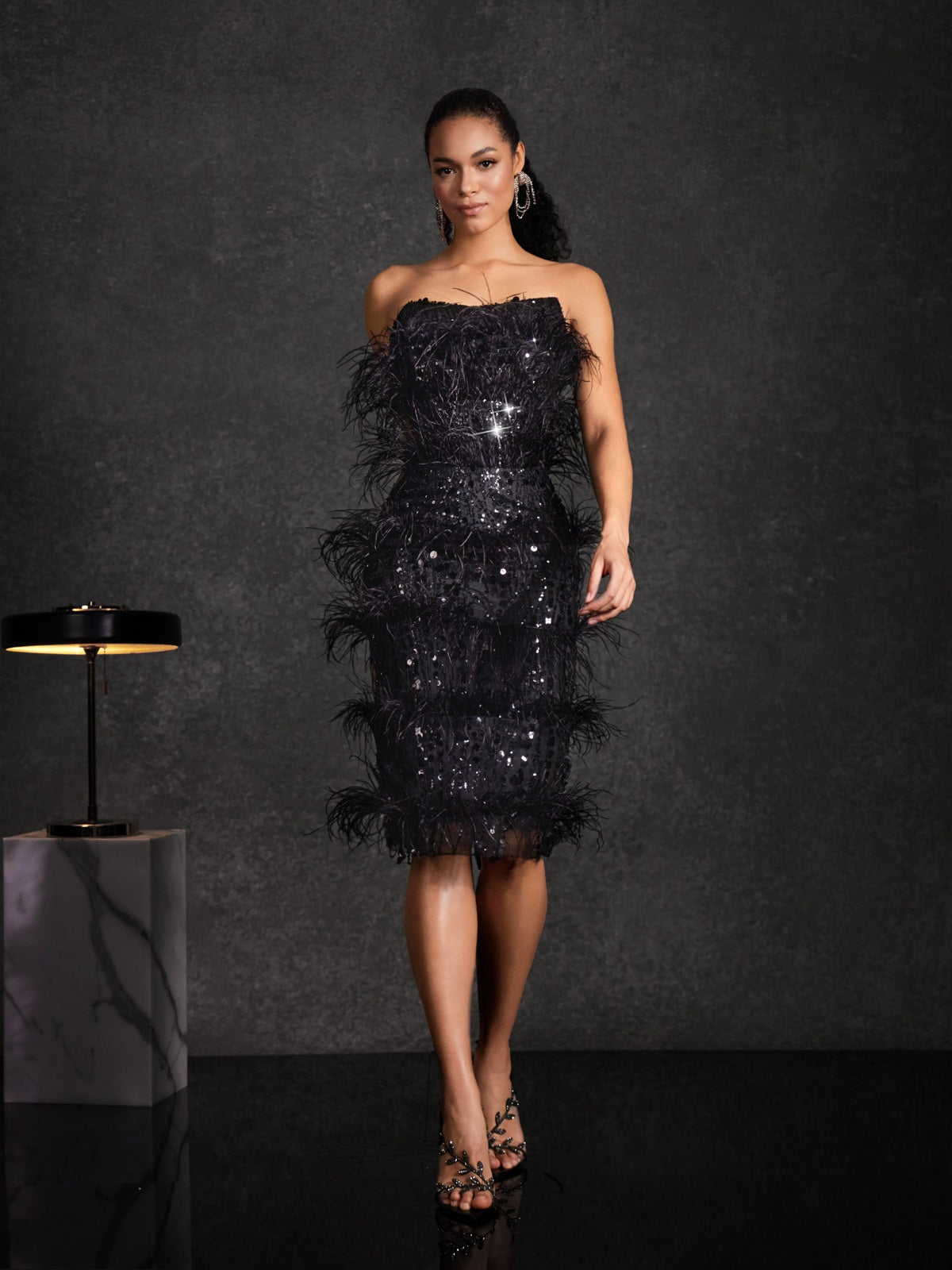 Bazyli Strapless Feather Sequin Midi Dress