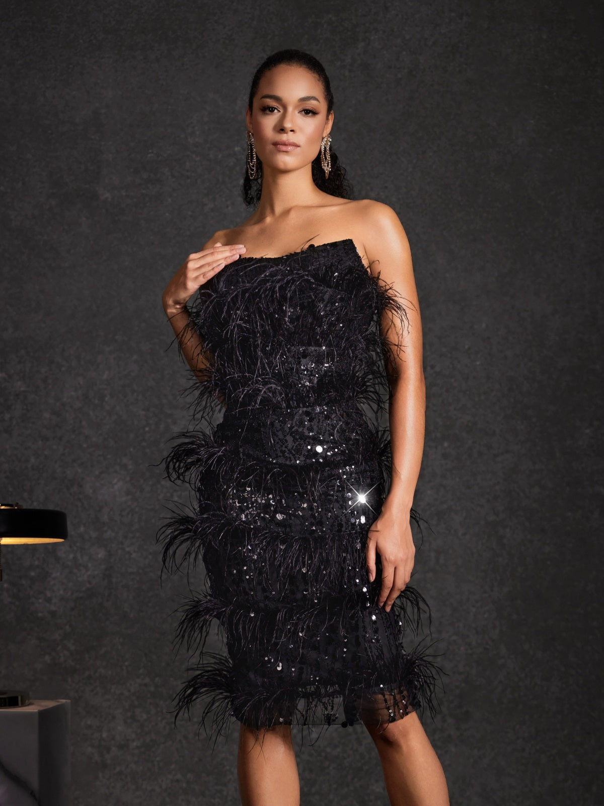 Bazyli Strapless Feather Sequin Midi Dress