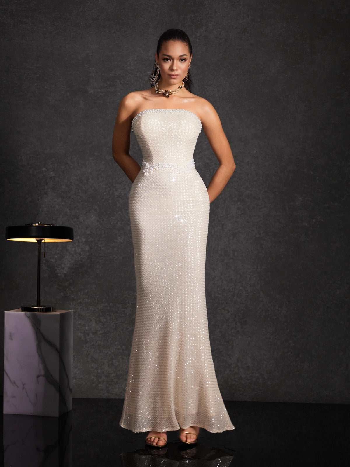 Beata Strapless Pearl Sequin Maxi Dress