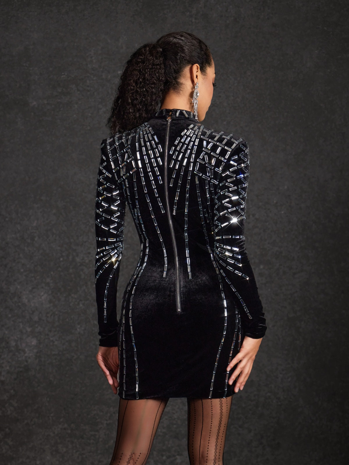 Behnam Long Sleeve Rhinestone Velvet Dress