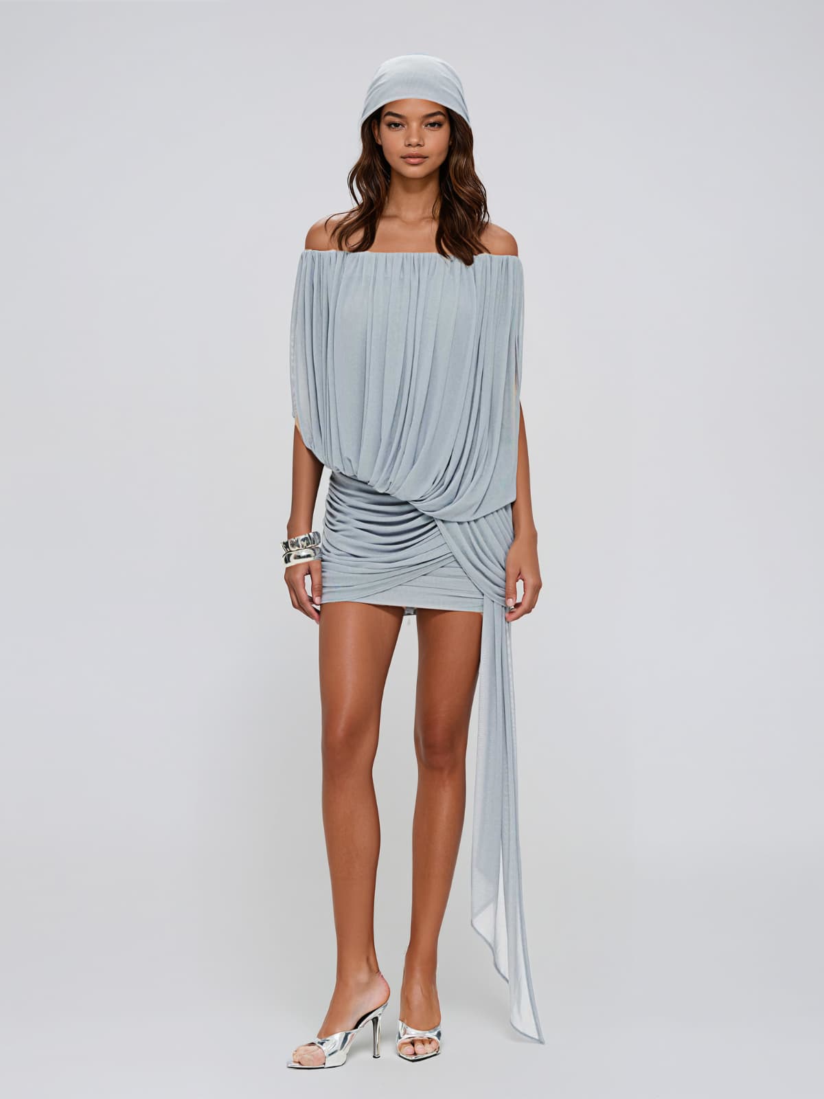 Beltharic Off Shoulder Draped Mini Dress In Blue