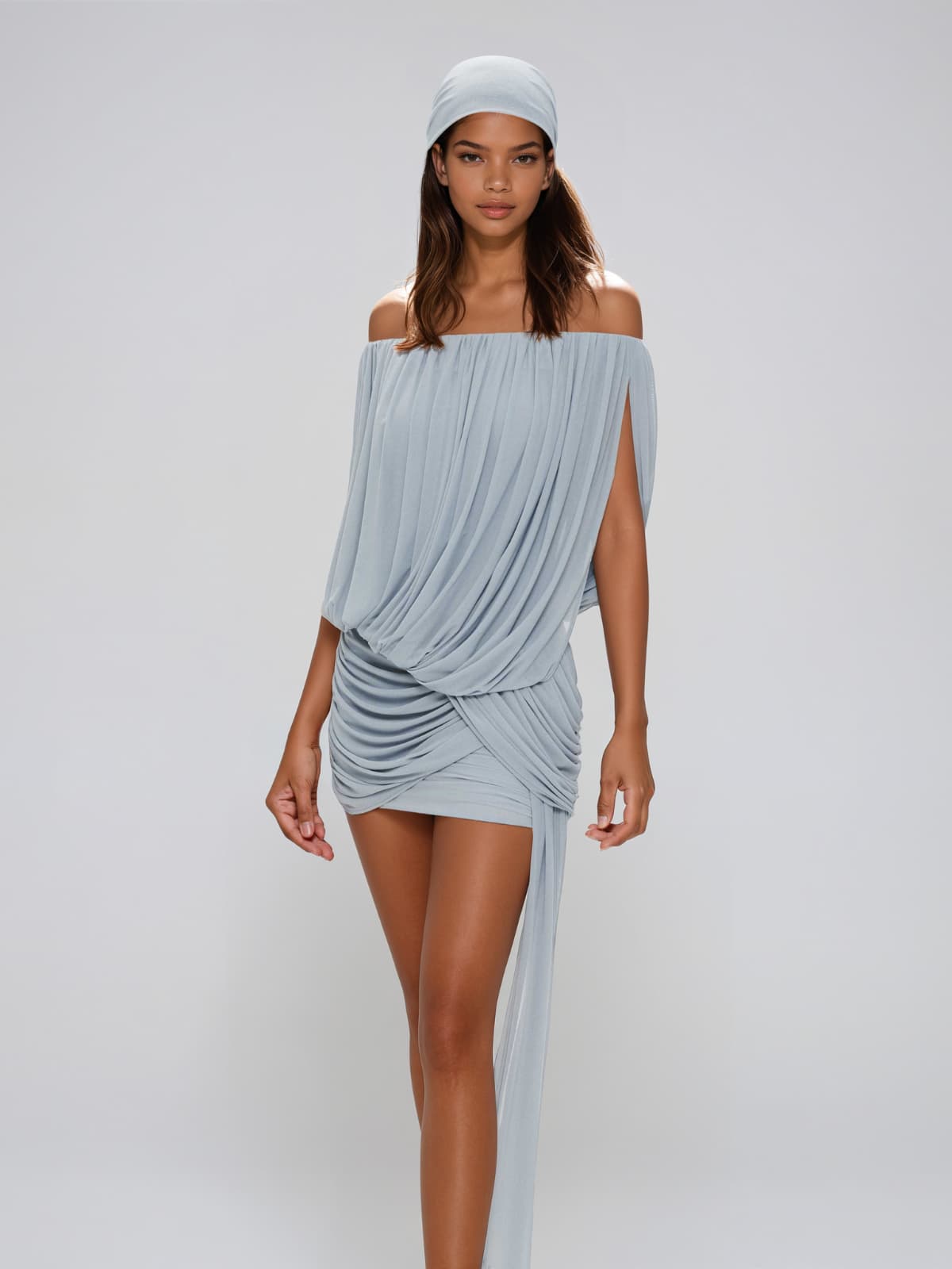 Beltharic Off Shoulder Draped Mini Dress In Blue