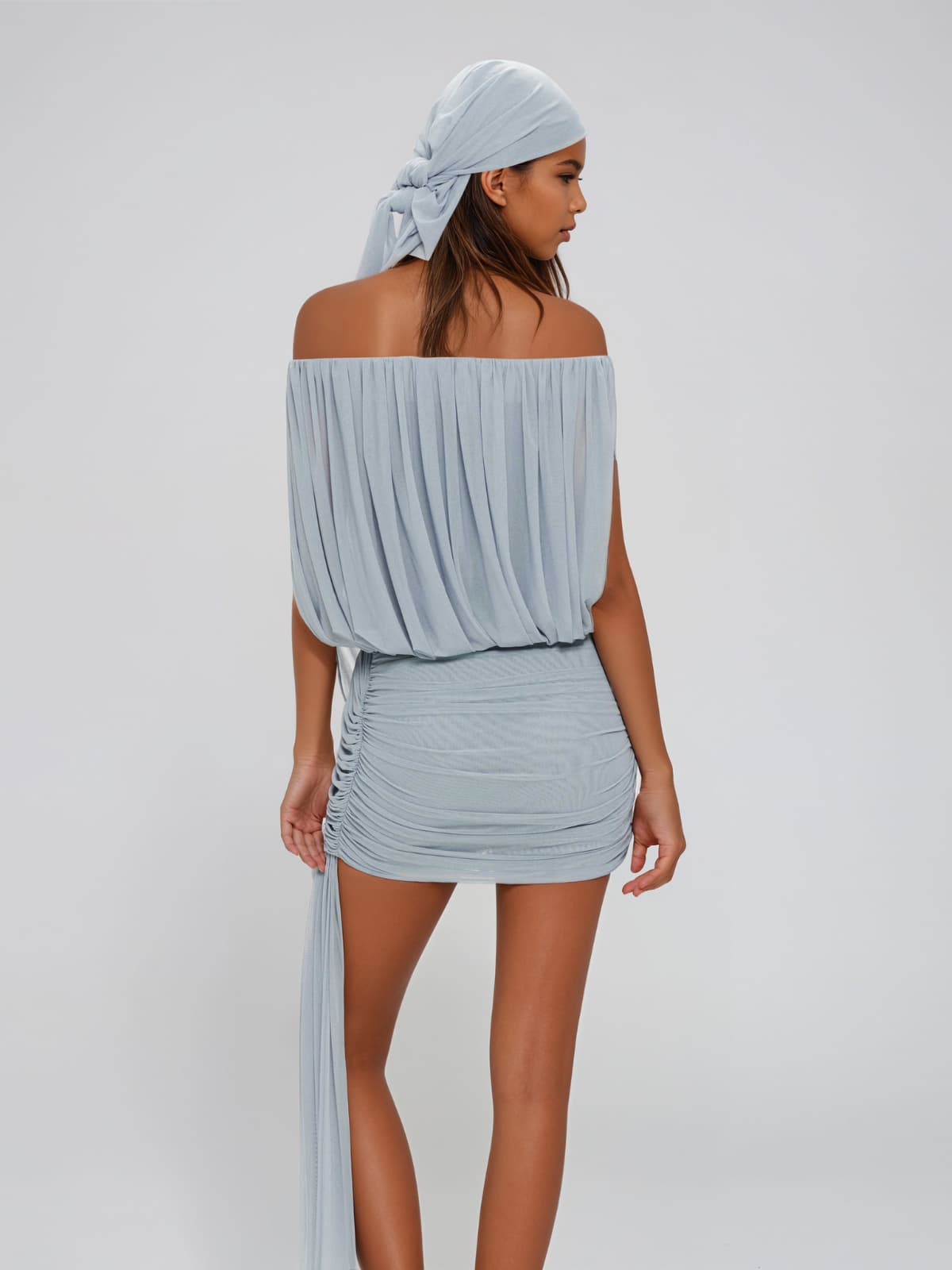 Beltharic Off Shoulder Draped Mini Dress In Blue