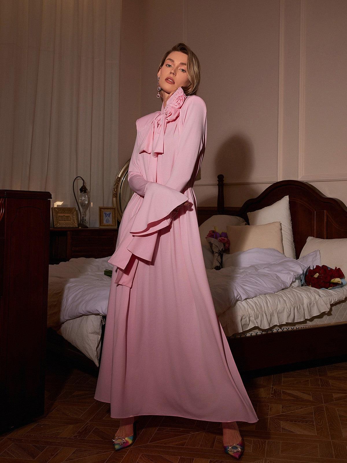 Benton Long Sleeve Flower Maxi Dress In Pink