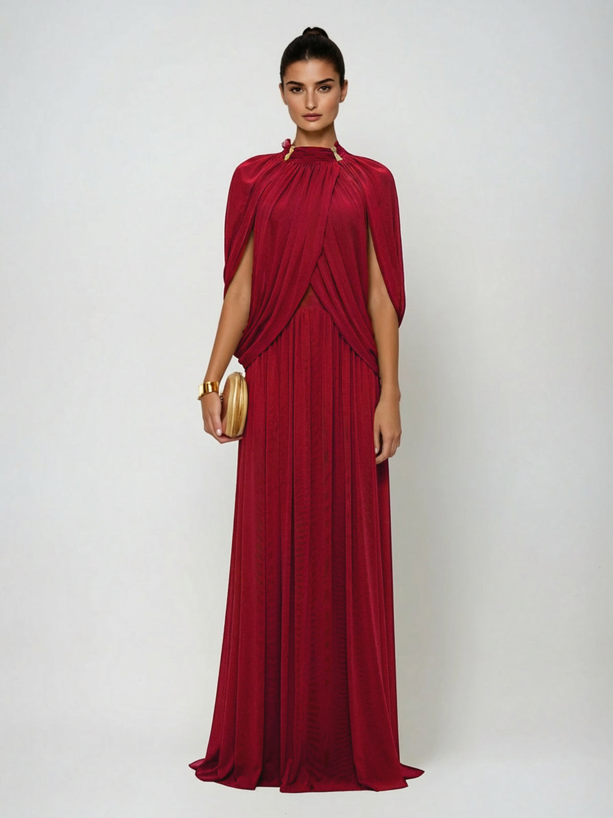 Beryndor Bat Sleeve Draped Maxi Dress In Red