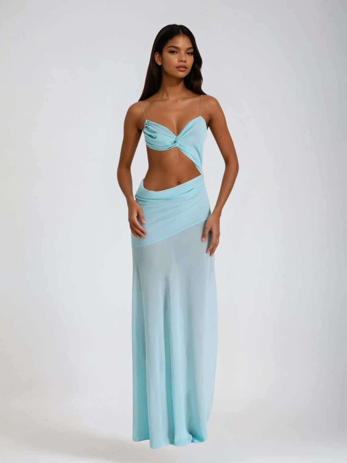 Beryvin Spaghetti Cutout Split Maxi Dress In Sky