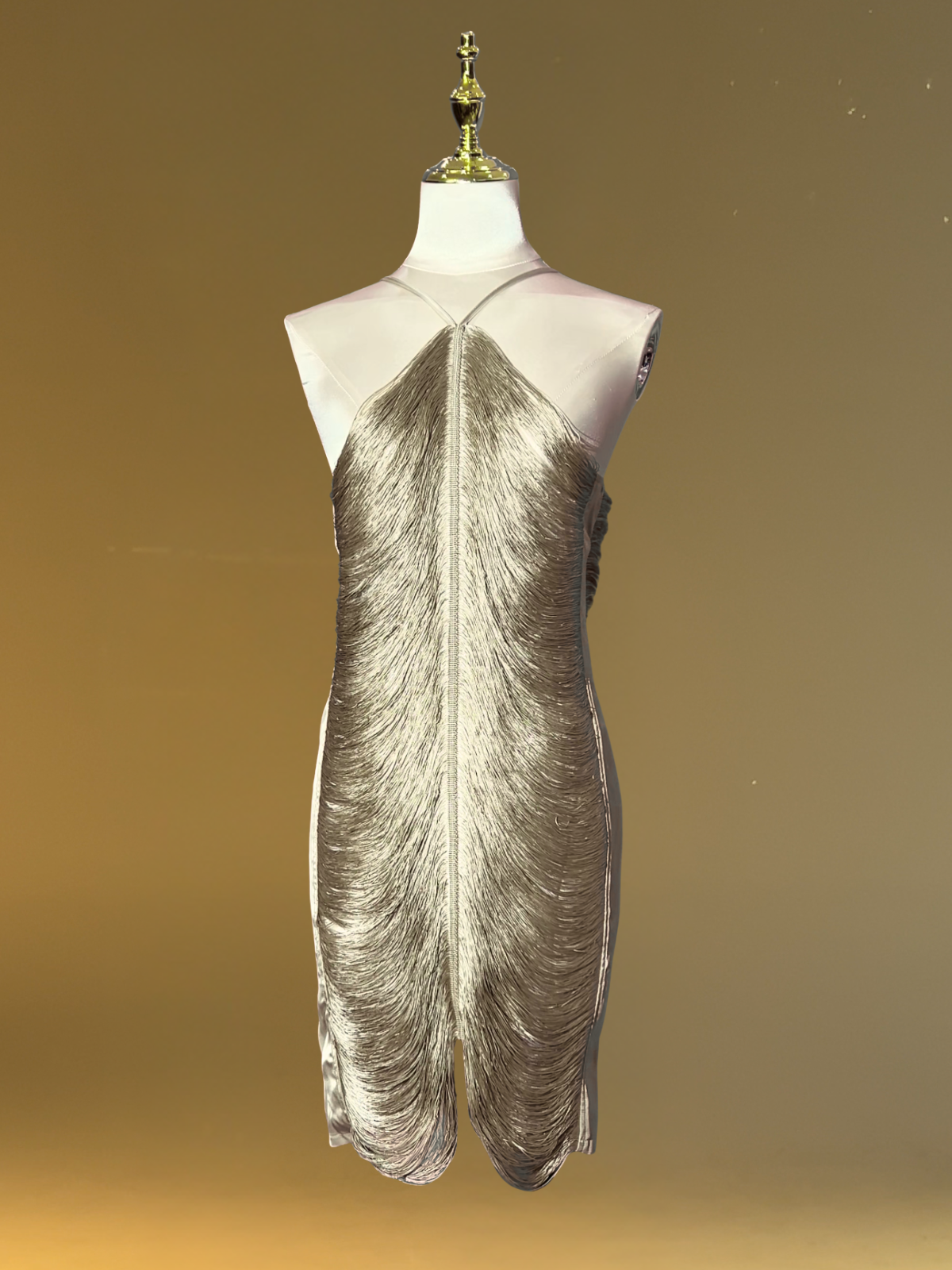 Bluma Halterneck Fringe Mini Dress In Pale Gold