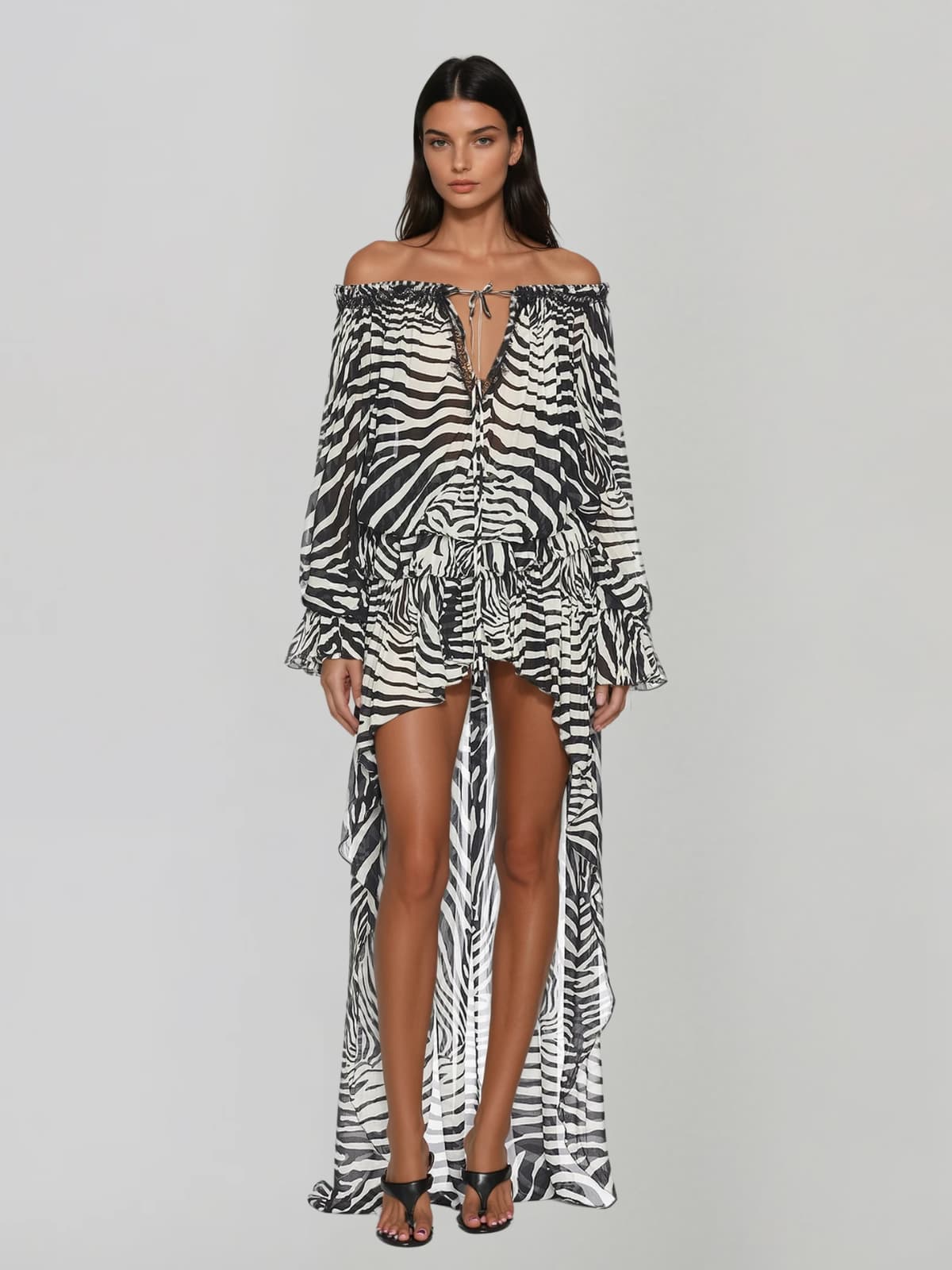 Blyvora Off Shoulder Zebra High Low Skirt Set In Zebra