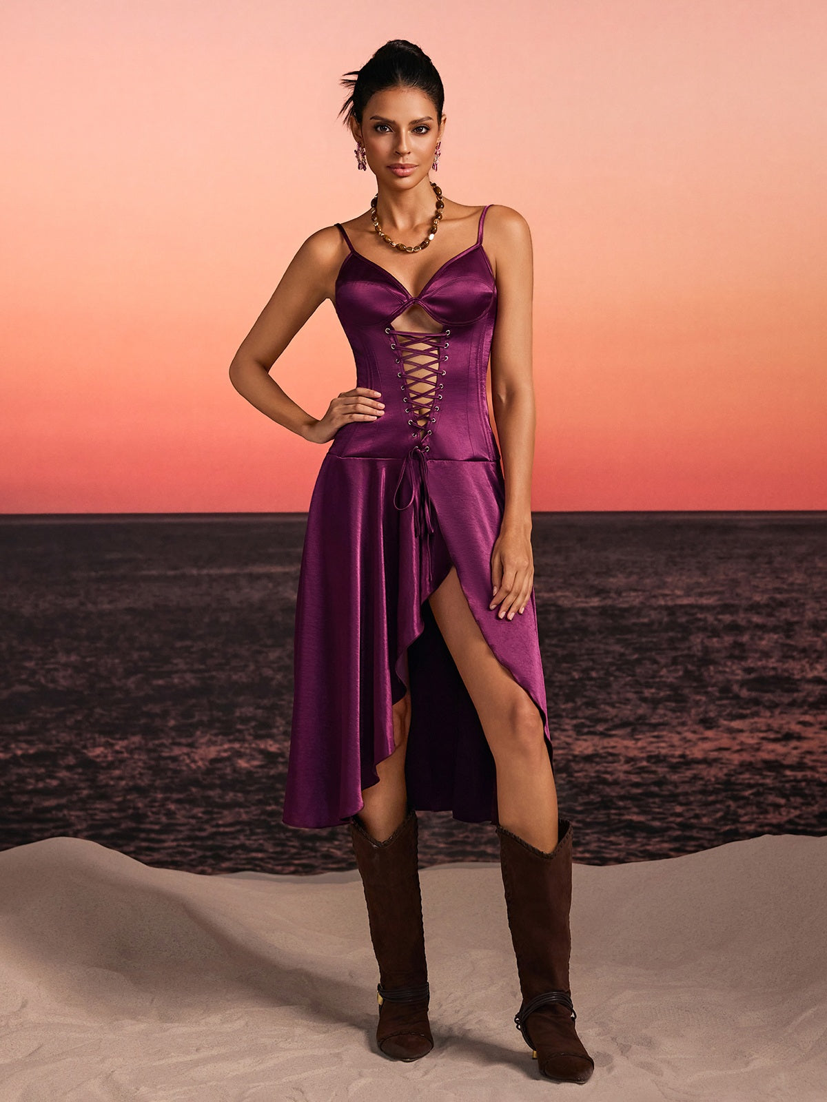 Borynxa Spaghetti Lace Up Ruffle Midi Dress