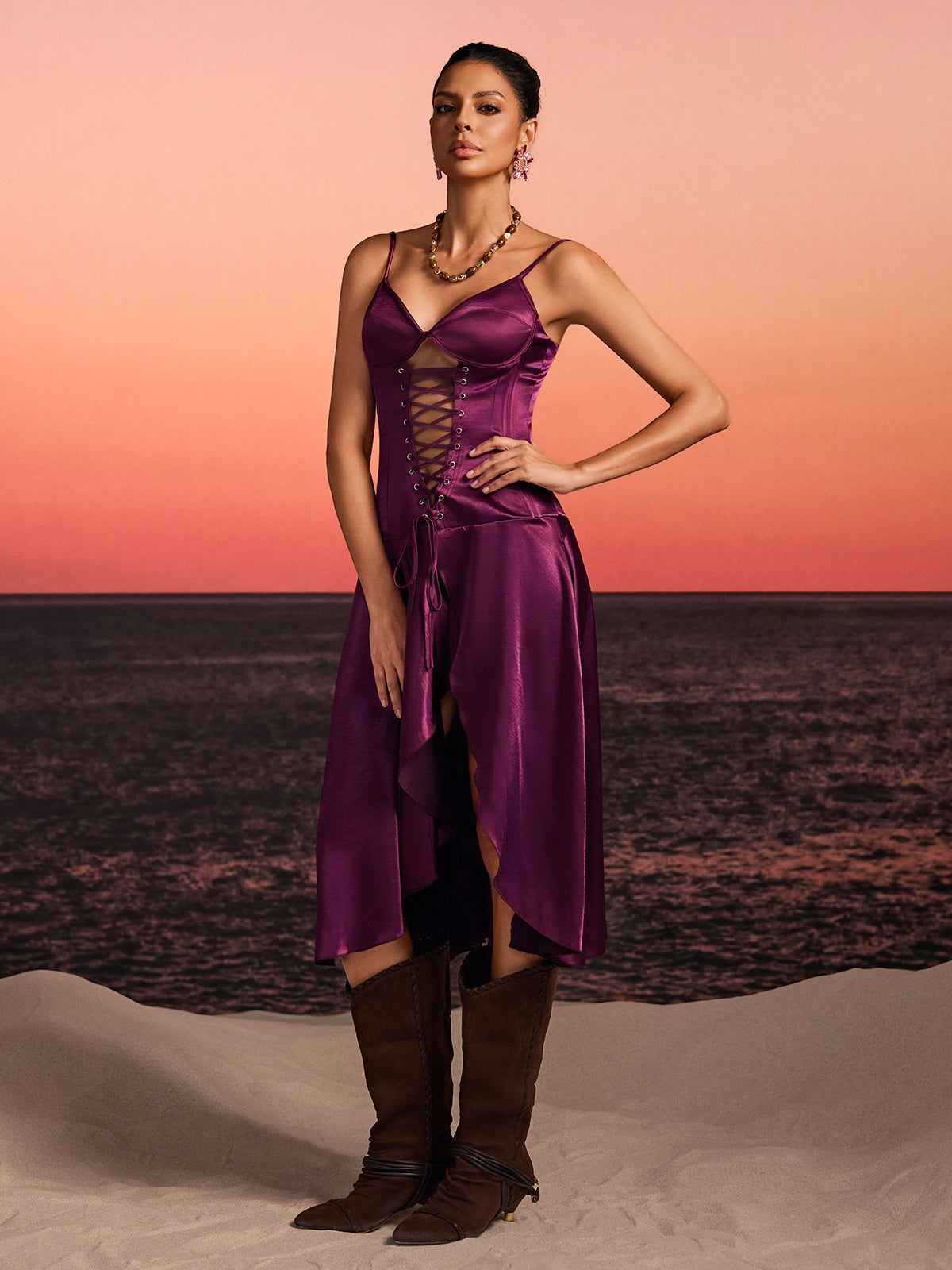 Borynxa Spaghetti Lace Up Ruffle Midi Dress