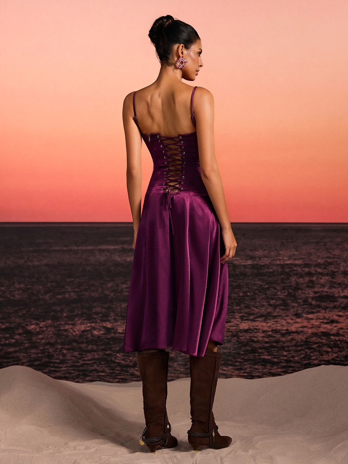 Borynxa Spaghetti Lace Up Ruffle Midi Dress