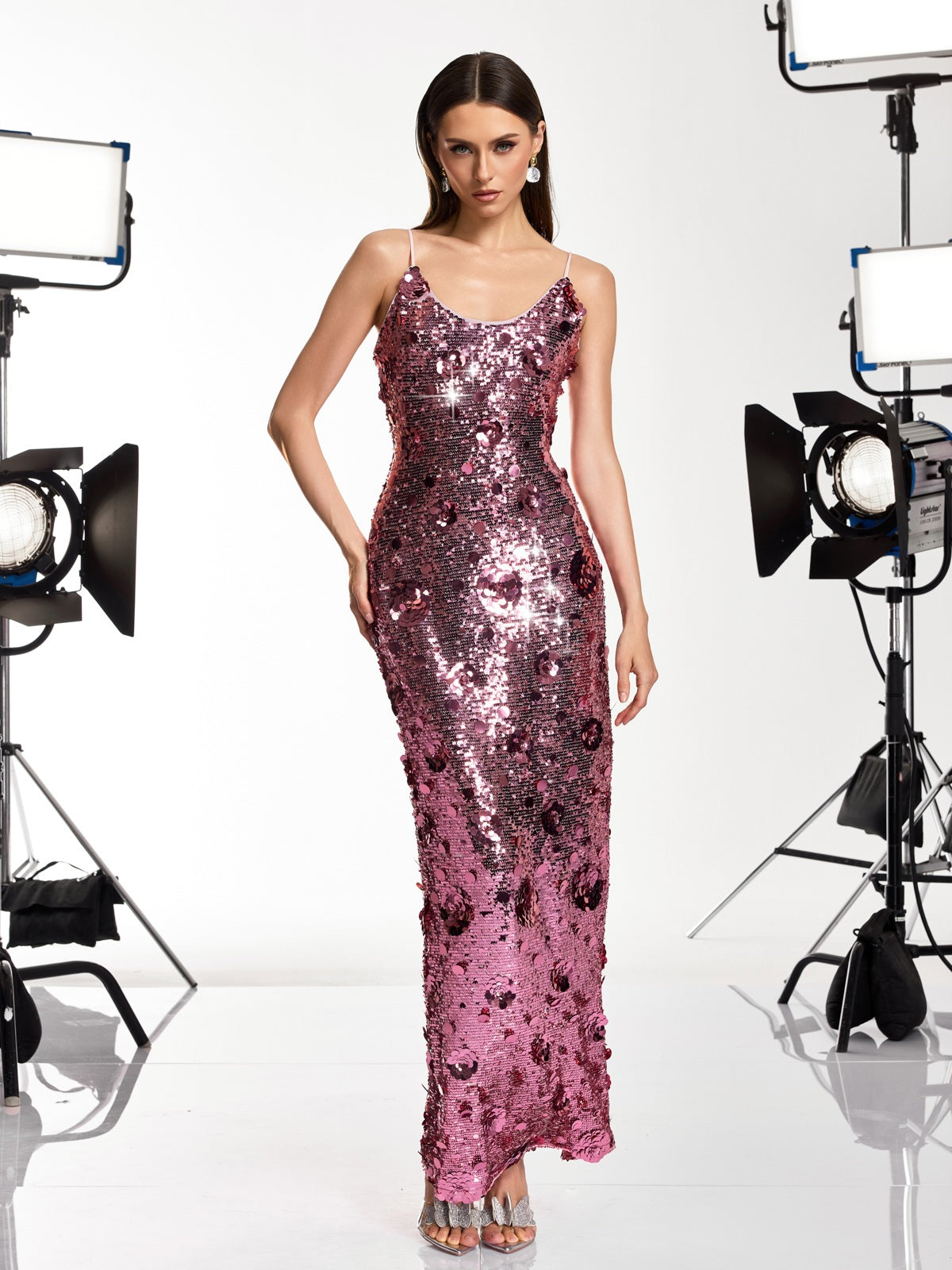 Boryvila Spaghetti Sequin Flower Maxi Dress