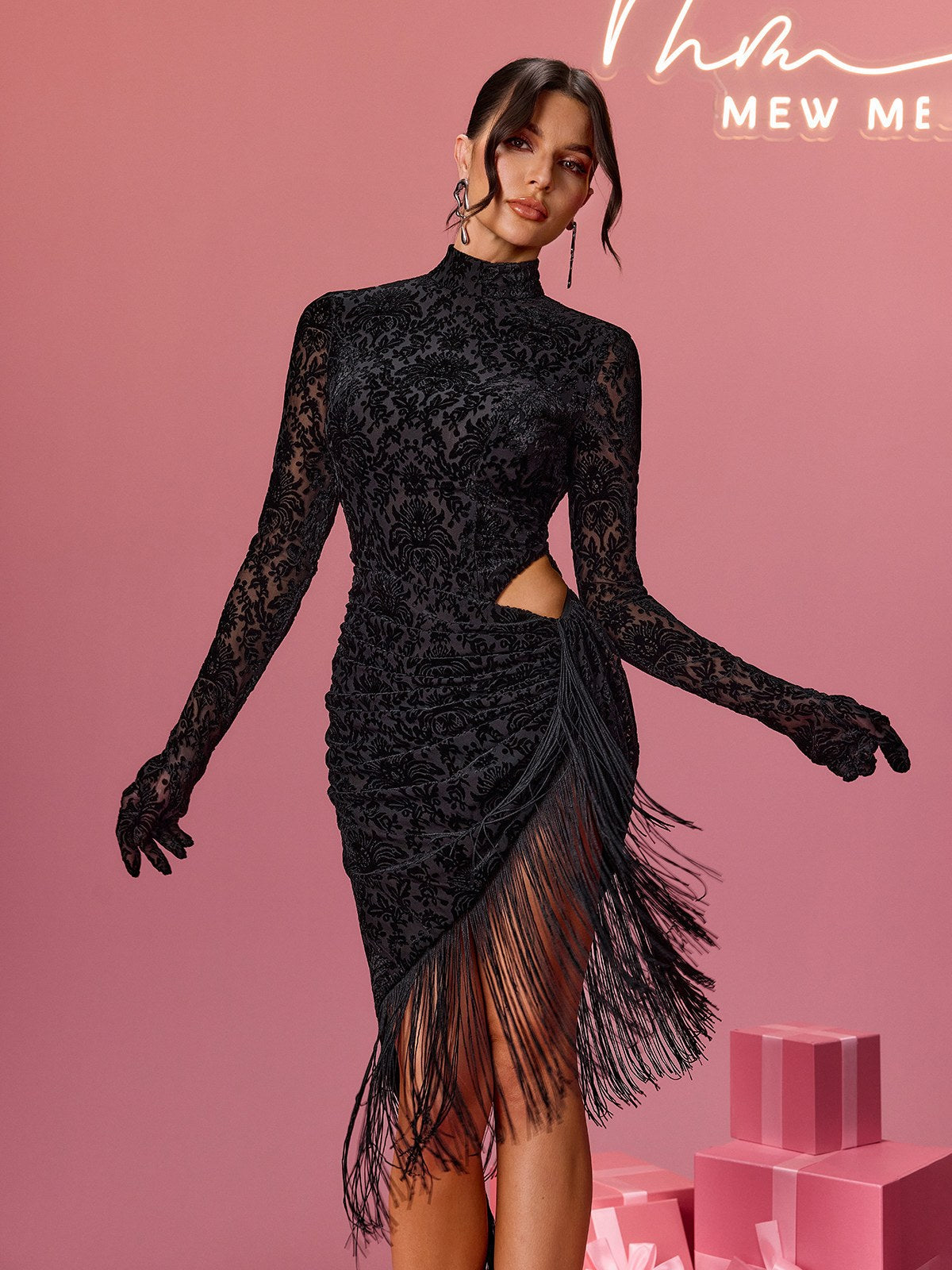 Bouvier Long Sleeve Burnout Fringe Midi Dress