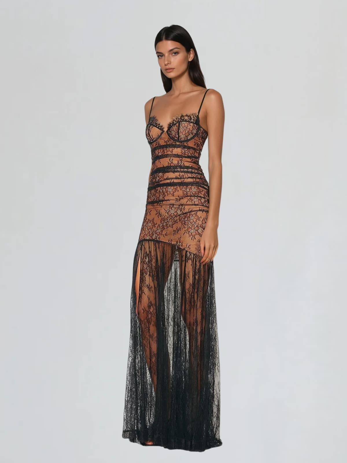 Bovynx Spaghetti Lace Split Maxi Dress