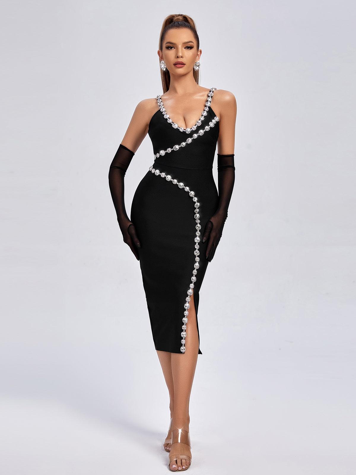 Braelynn Diamante Black Bandage Midi Dress