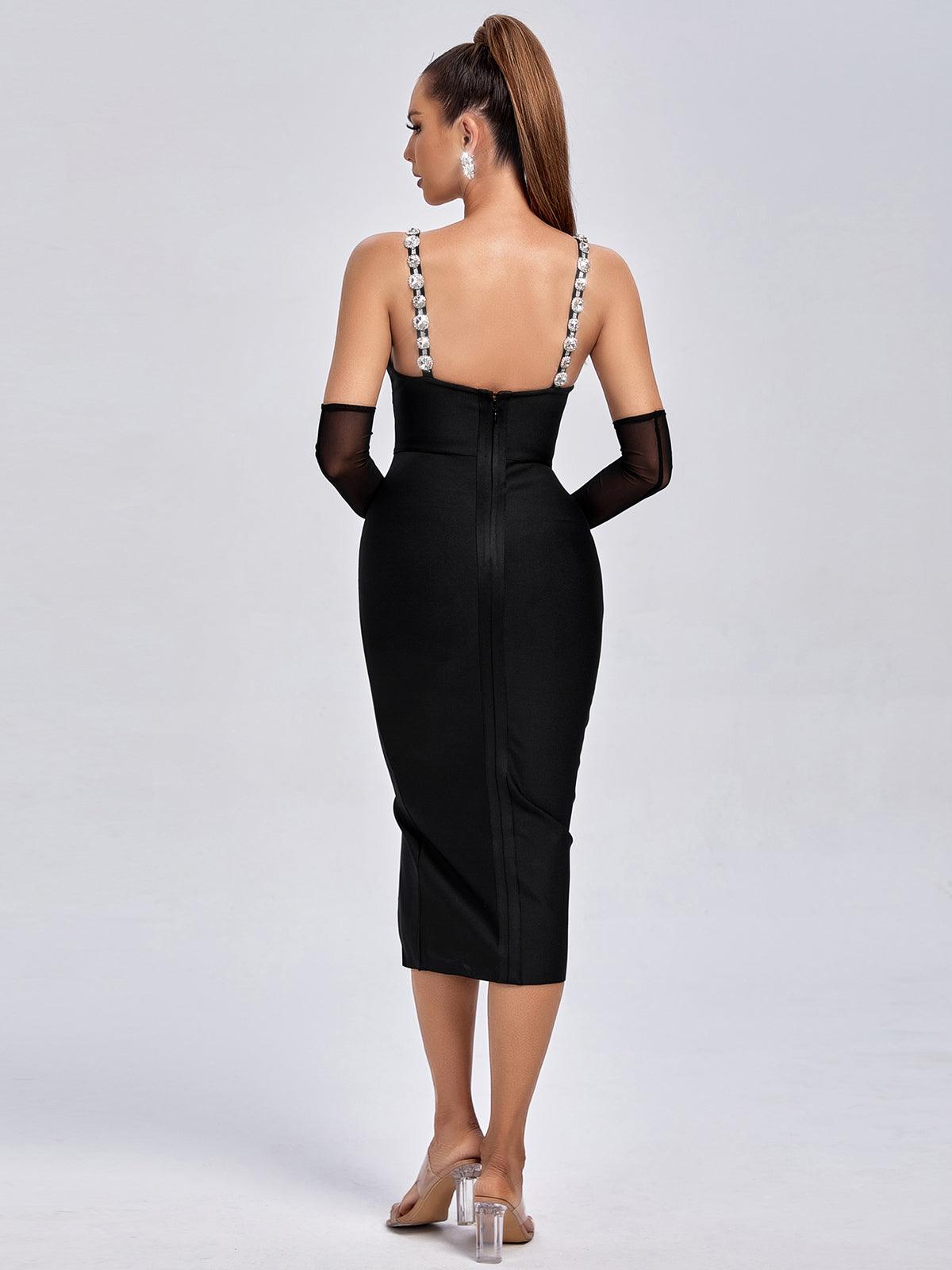 Braelynn Diamante Black Bandage Midi Dress