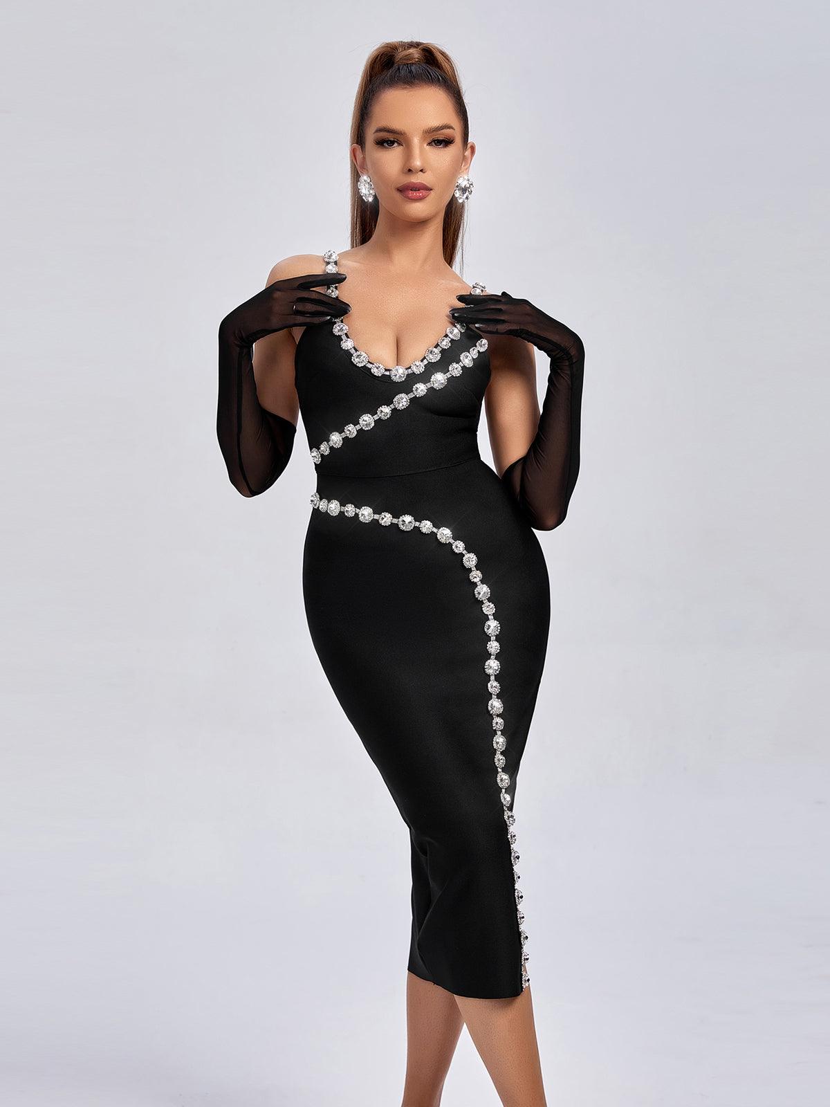Braelynn Diamante Black Bandage Midi Dress