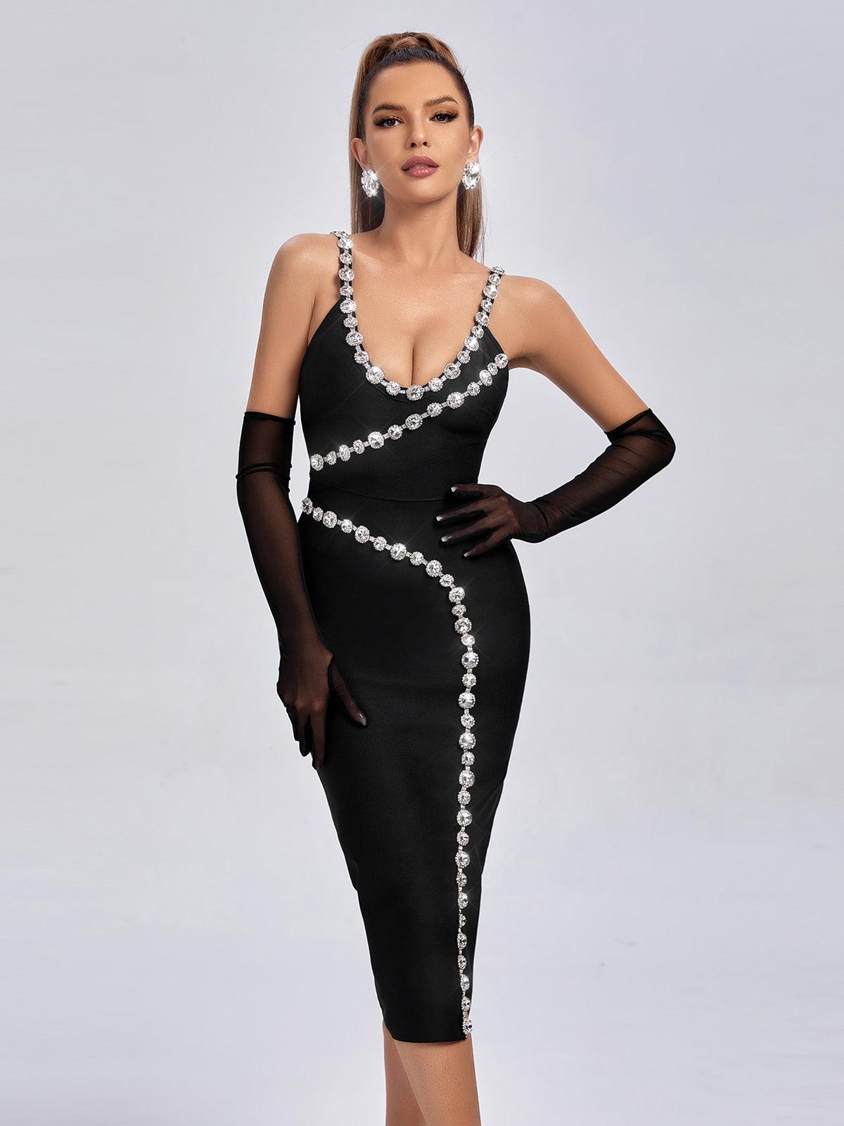 Braelynn Diamante Black Bandage Midi Dress