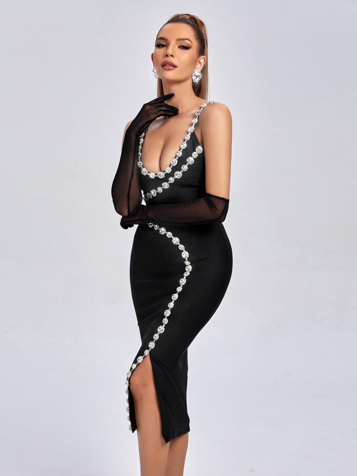 Braelynn Diamante Black Bandage Midi Dress