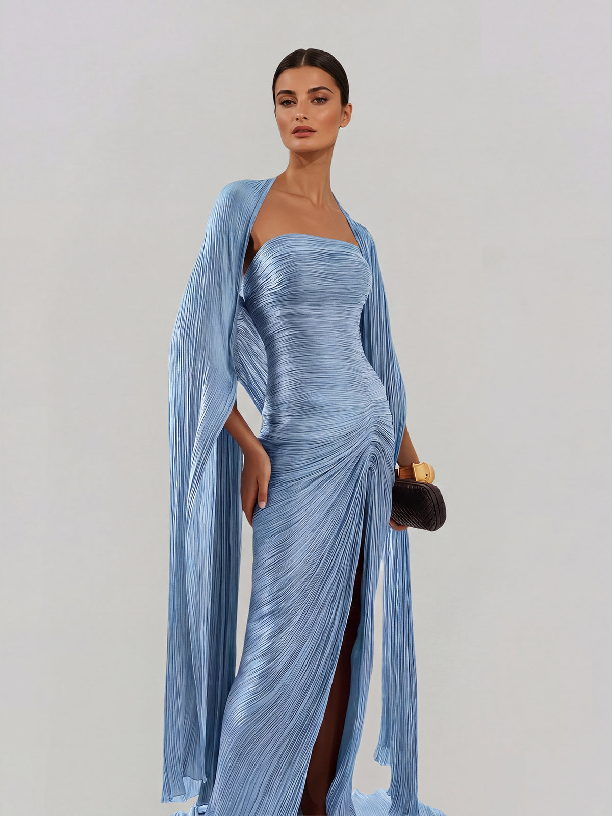 Bravexia Cape Ruched Split Maxi Dress In Baby Blue