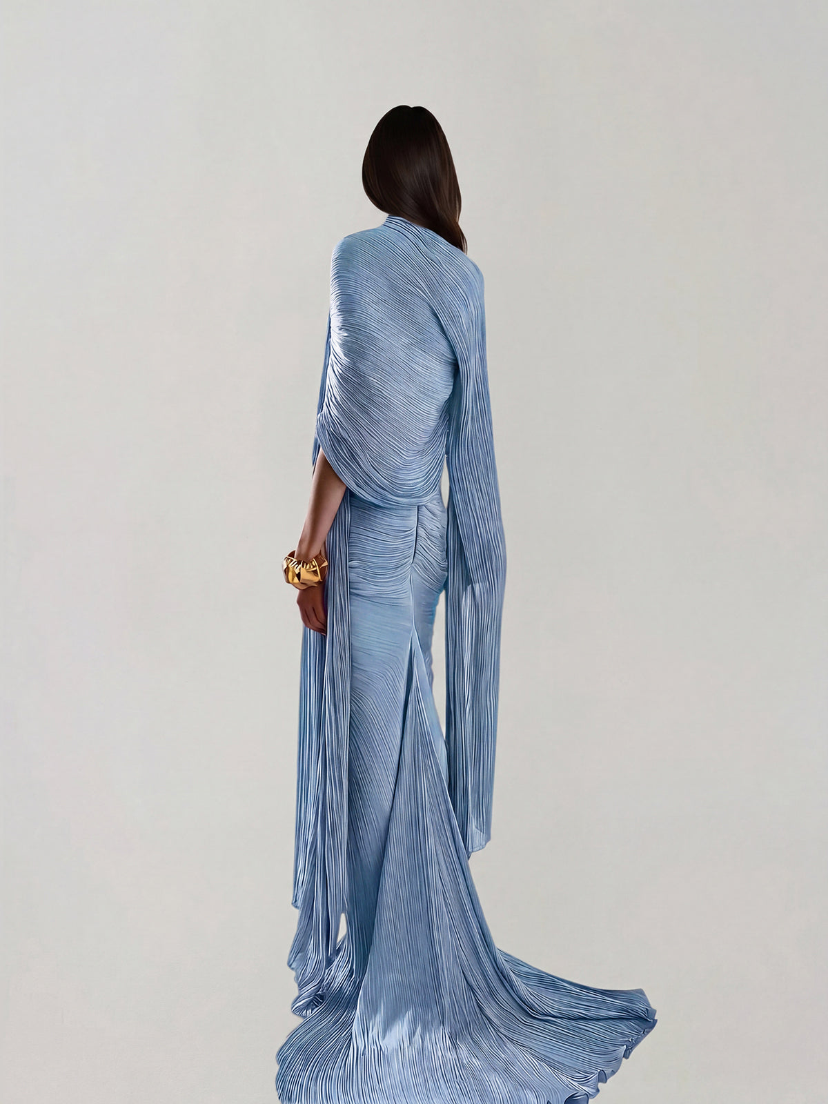 Bravexia Cape Ruched Split Maxi Dress In Baby Blue