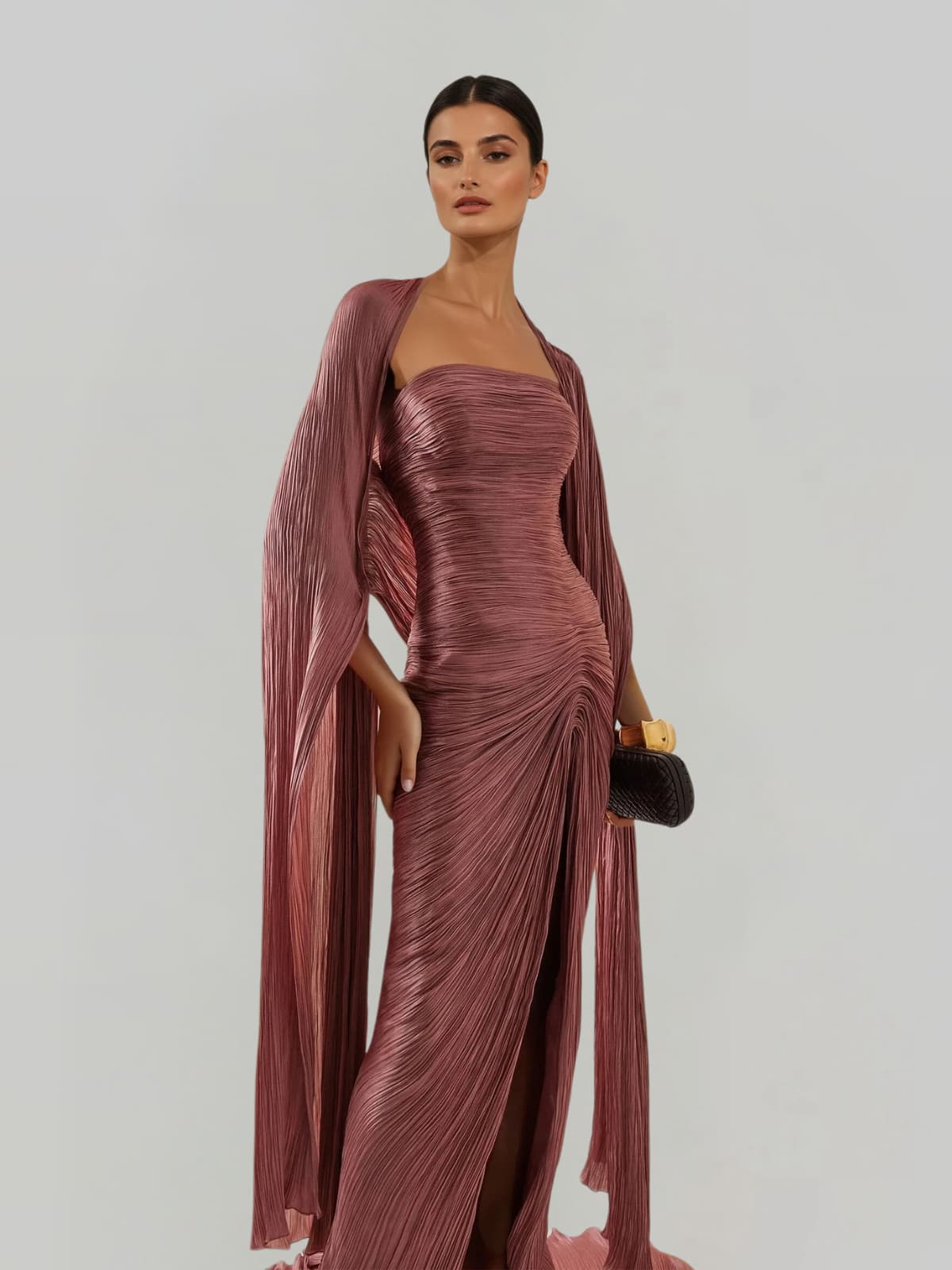 Bravexia Cape Ruched Split Maxi Dress In Dark Pink