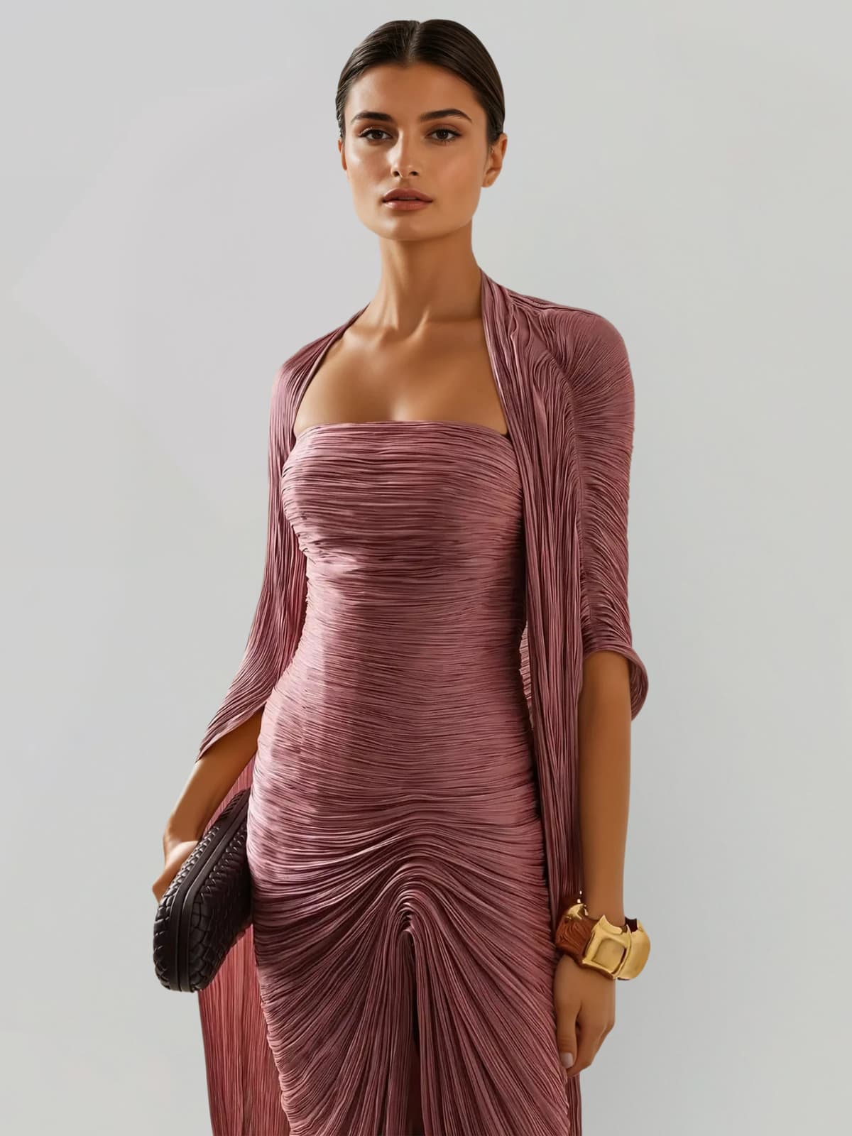Bravexia Cape Ruched Split Maxi Dress In Dark Pink