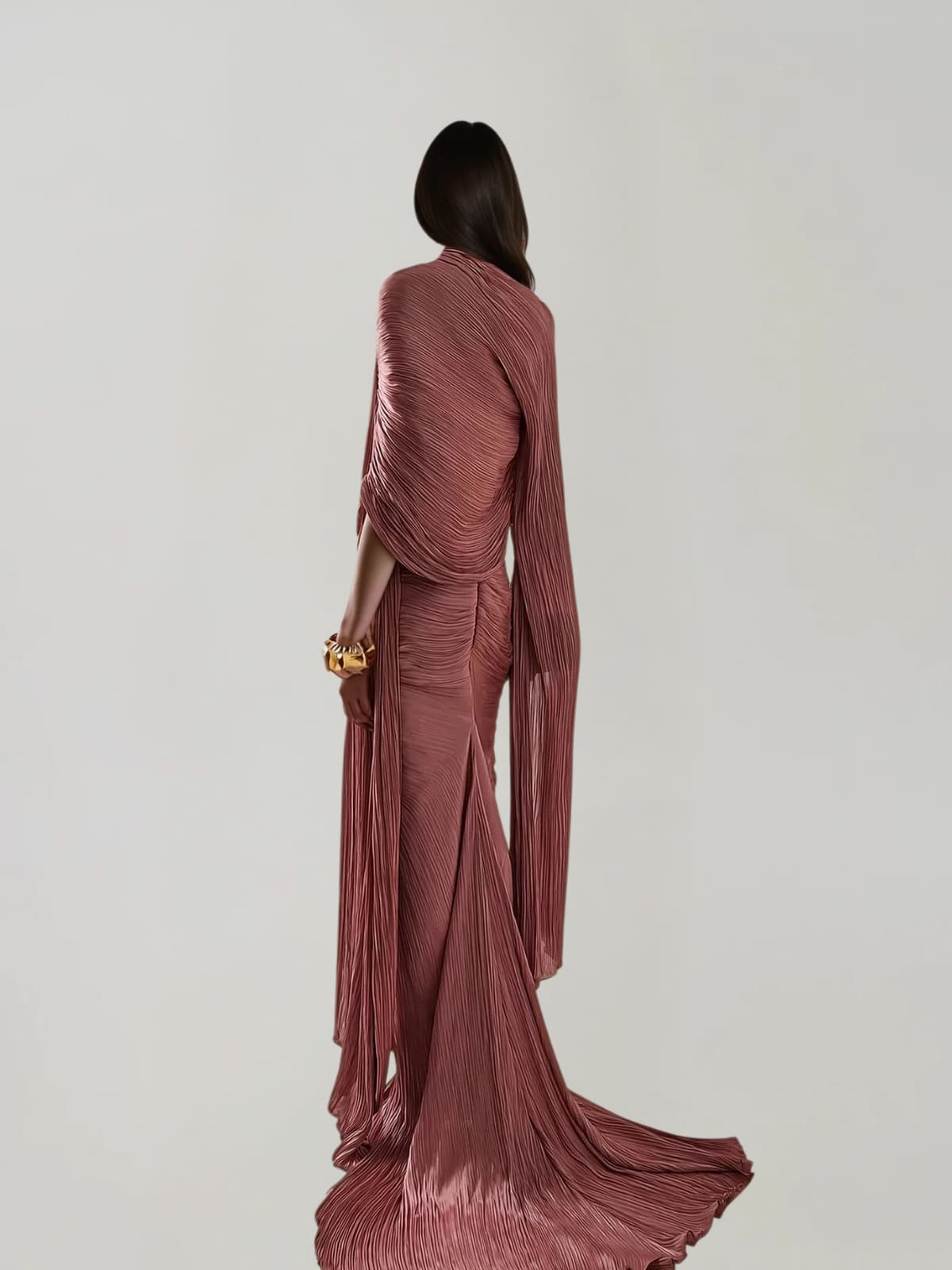 Bravexia Cape Ruched Split Maxi Dress In Dark Pink