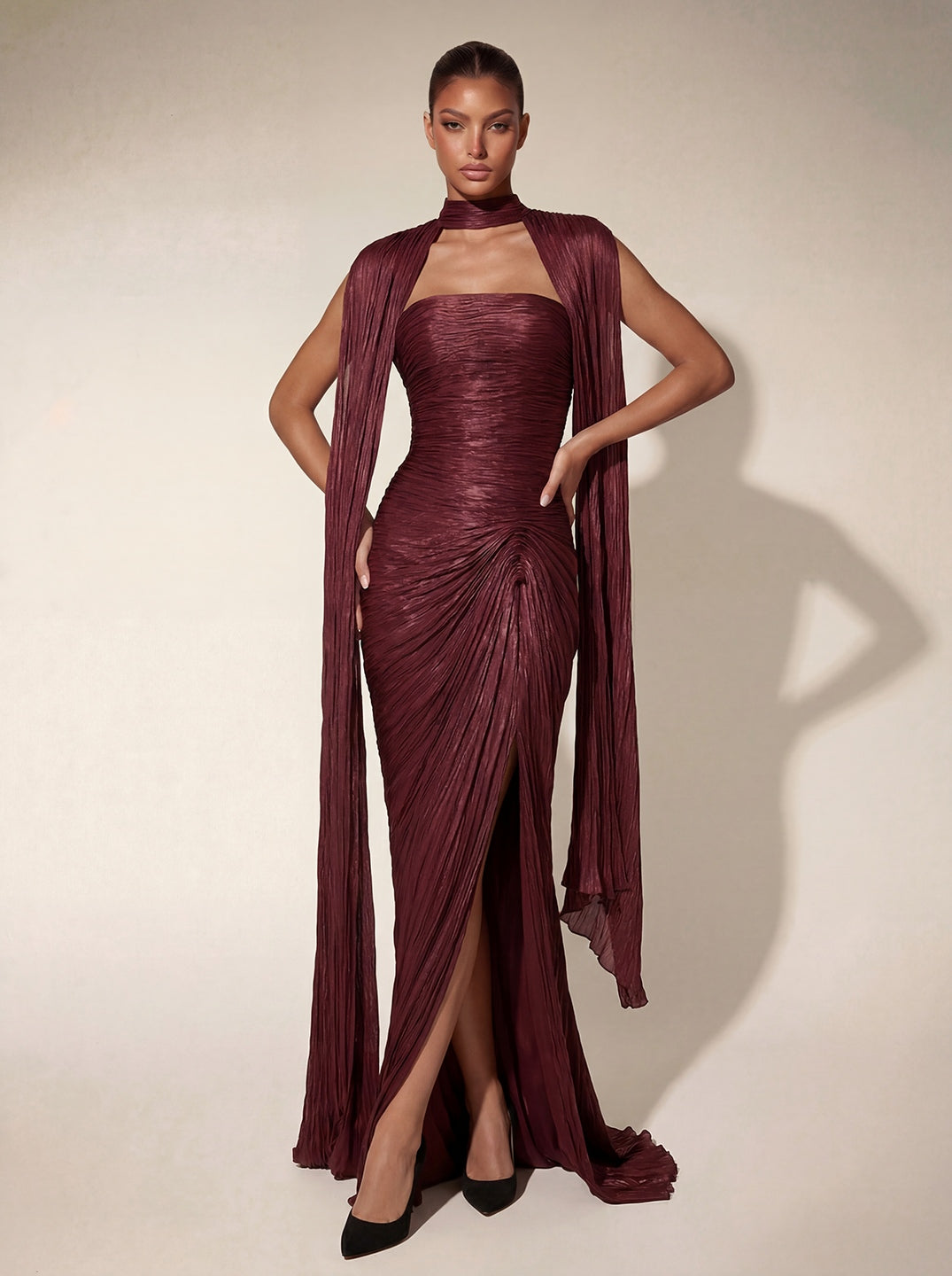 Bravexia Cape Ruched Split Maxi Dress In Wine