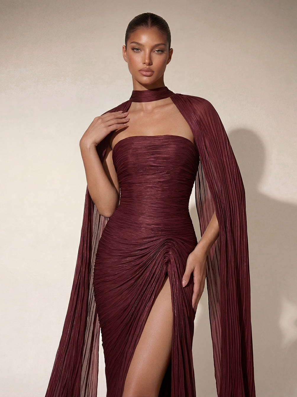 Bravexia Cape Ruched Split Maxi Dress In Wine
