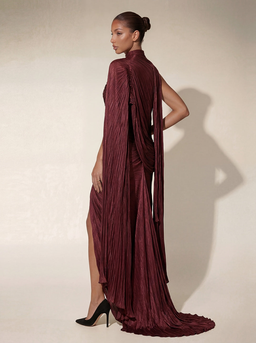 Bravexia Cape Ruched Split Maxi Dress In Wine