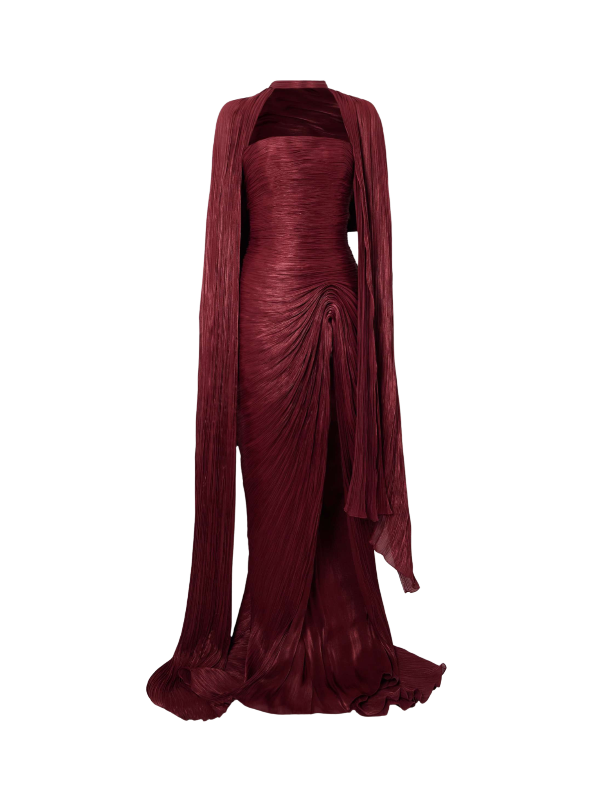 Bravexia Cape Ruched Split Maxi Dress In Wine