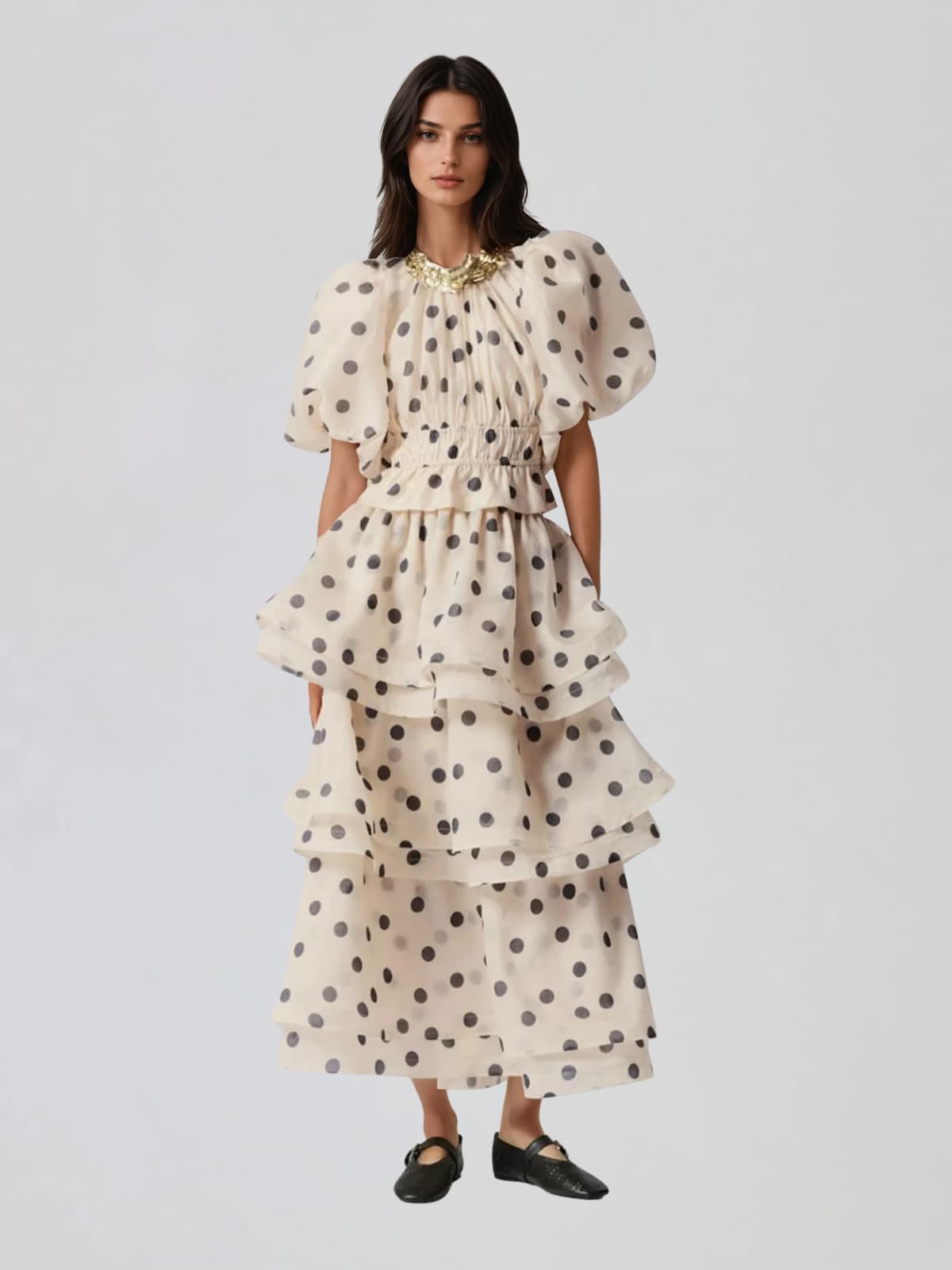 Brelix Puff Sleeve Dot Ruffle Skirt Set