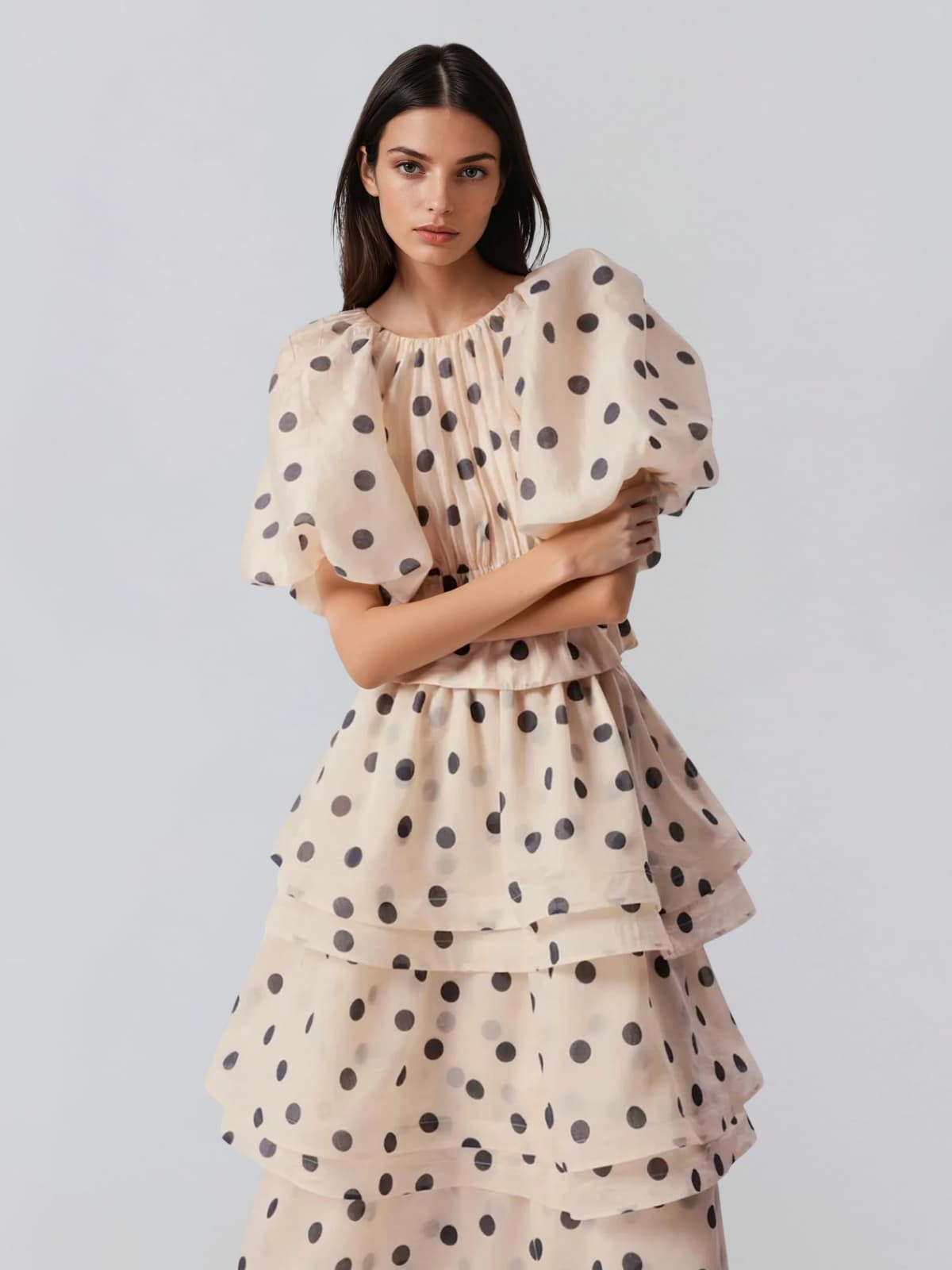 Brelix Puff Sleeve Dot Ruffle Skirt Set