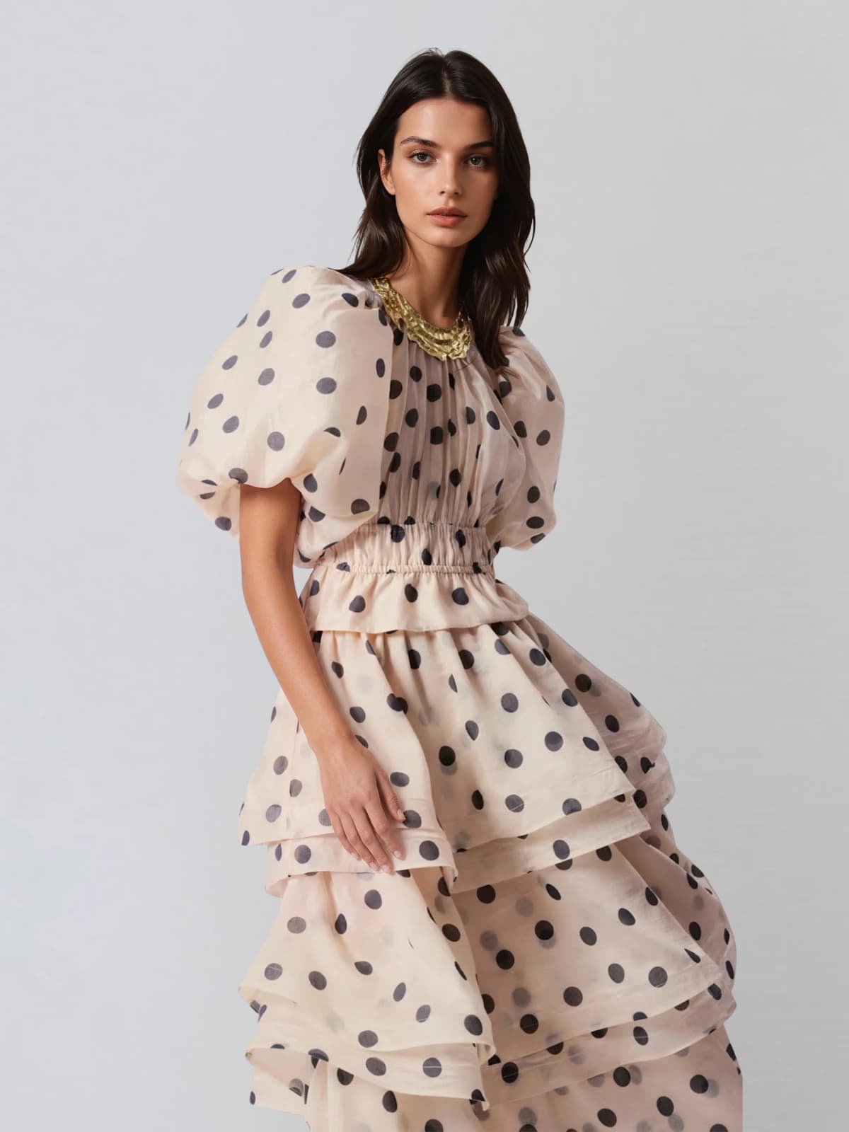 Brelix Puff Sleeve Dot Ruffle Skirt Set
