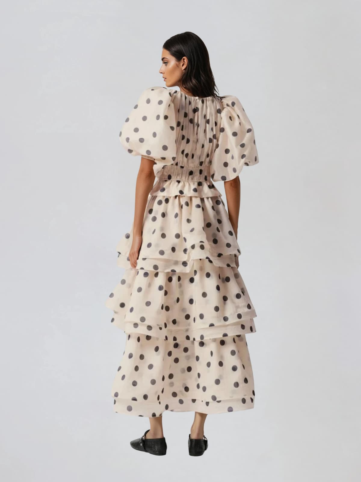 Brelix Puff Sleeve Dot Ruffle Skirt Set
