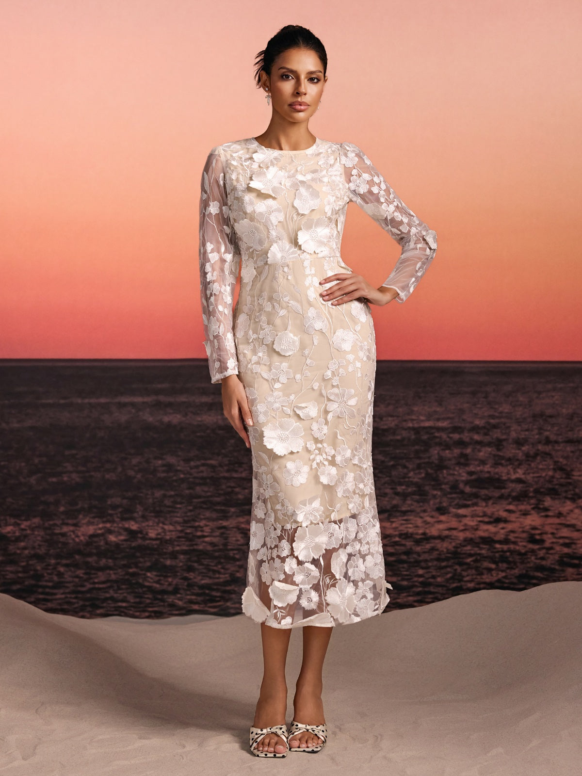 Brenik Embroidered Flower Midi Dress