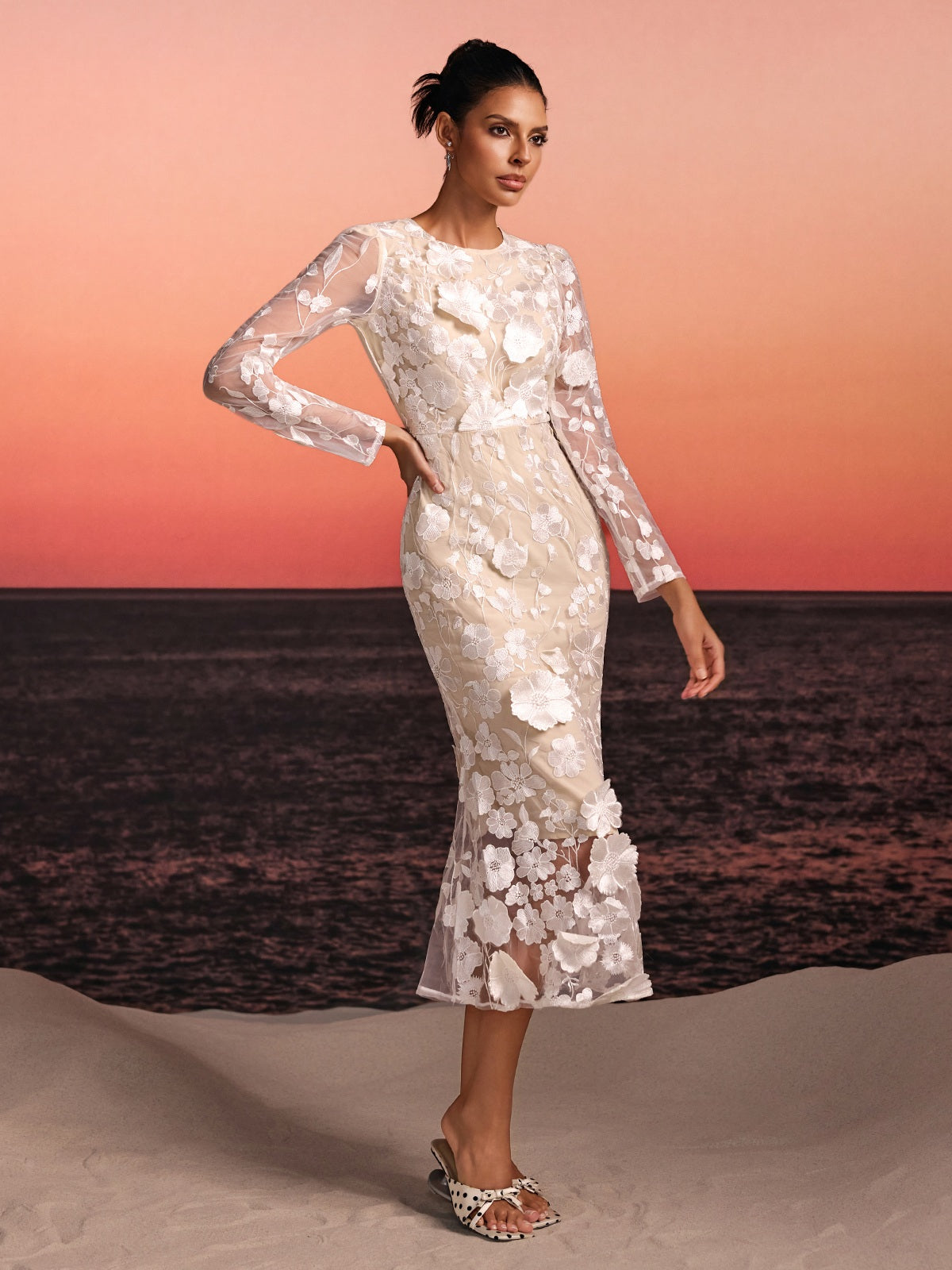 Brenik Embroidered Flower Midi Dress